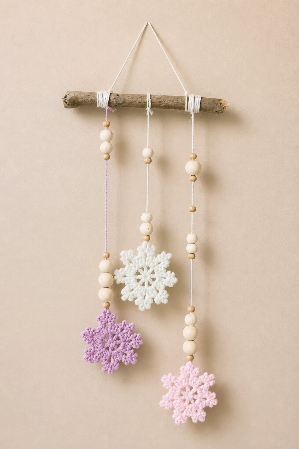 Handmade Crochet Snowflake Wood Door Hanger – Pink & White with Wood Beads