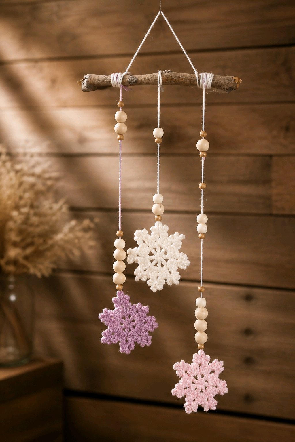 Handmade Crochet Snowflake Wood Door Hanger – Pink & White with Wood Beads
