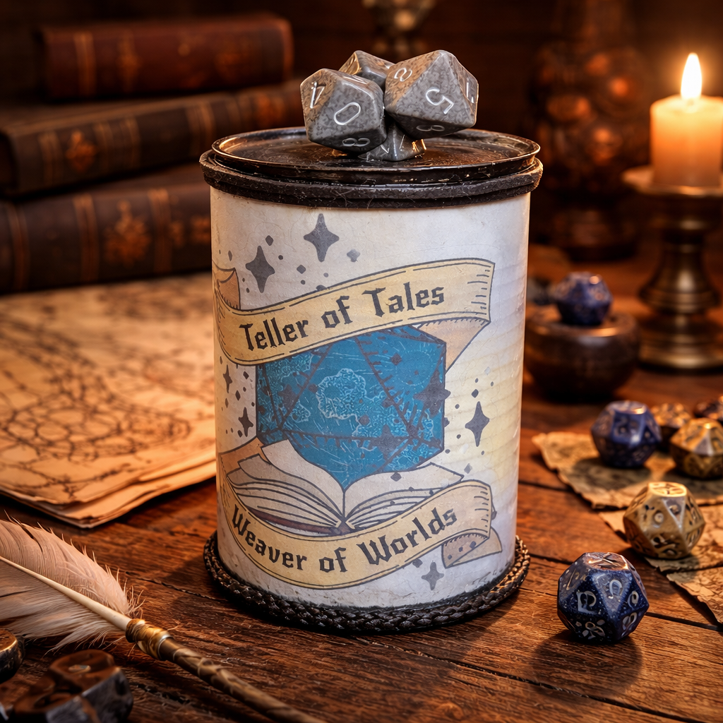 Handmade Gaming Dice Holder - Upcycled Felt-Lined Tin Container  yellow dragon / teller of tales