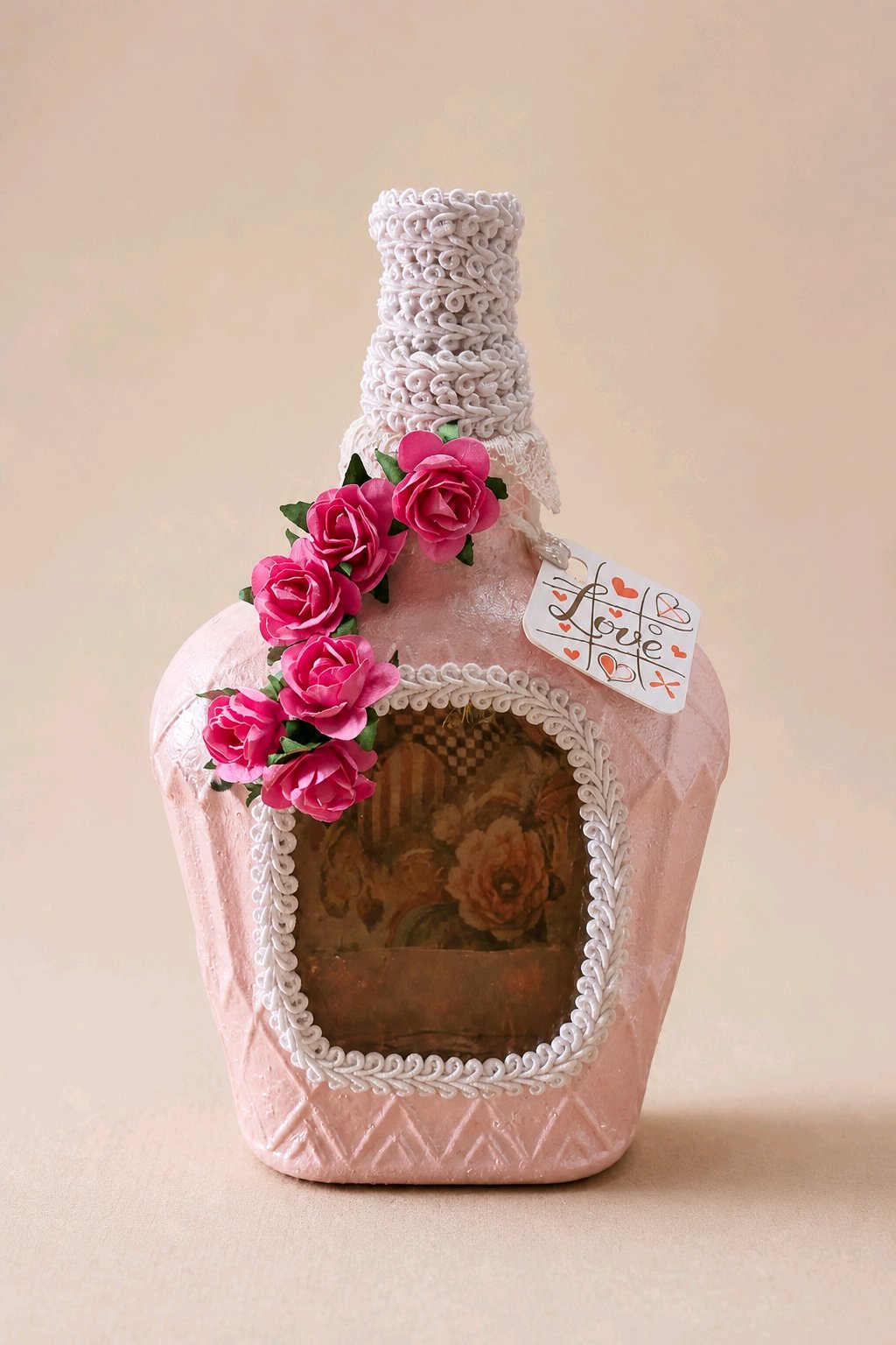 Upcycled Valentine Bottle with Faux Pink Roses & Fairy Lights – Handmade Romantic Decor