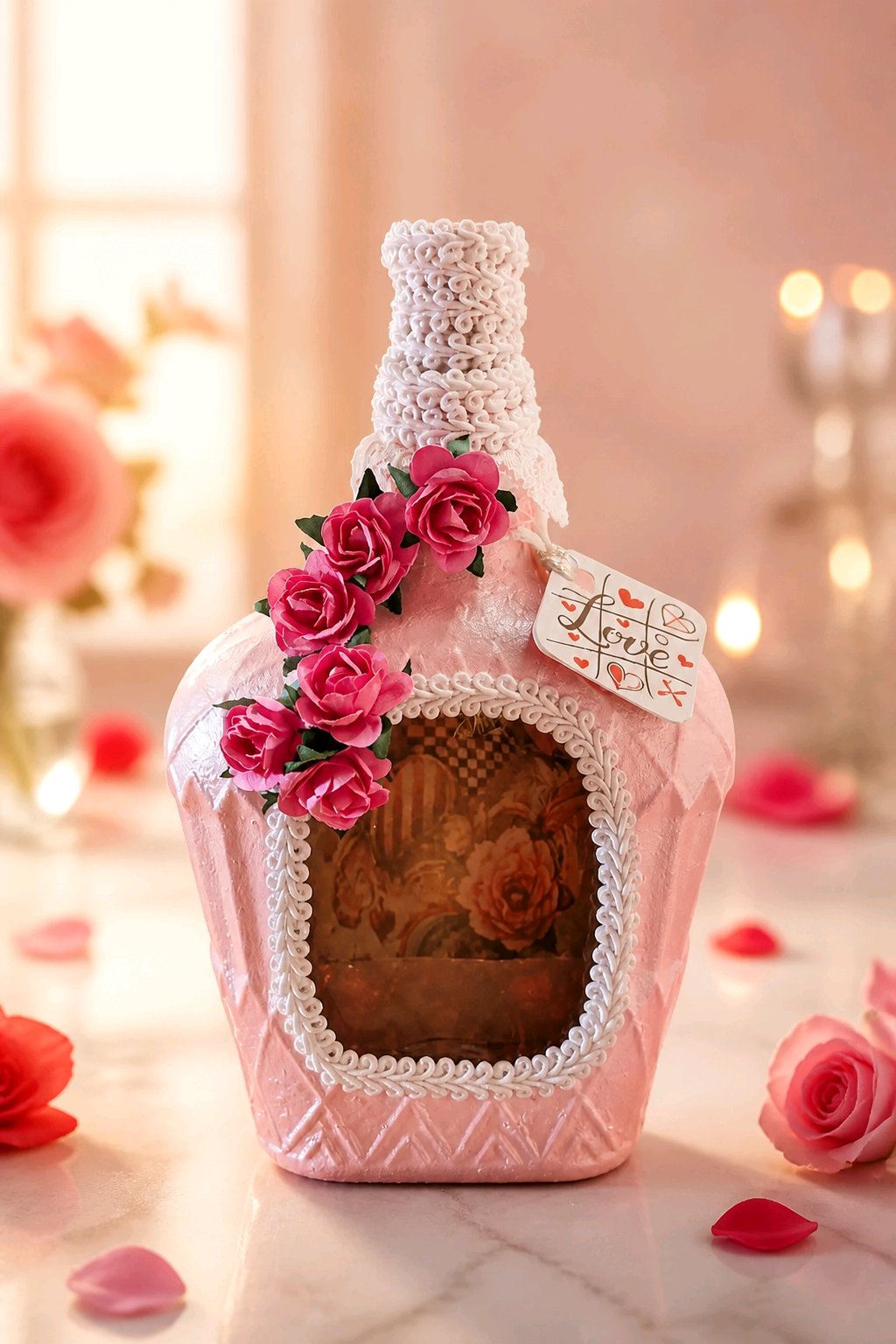 Upcycled Valentine Bottle with Faux Pink Roses & Fairy Lights – Handmade Romantic Decor