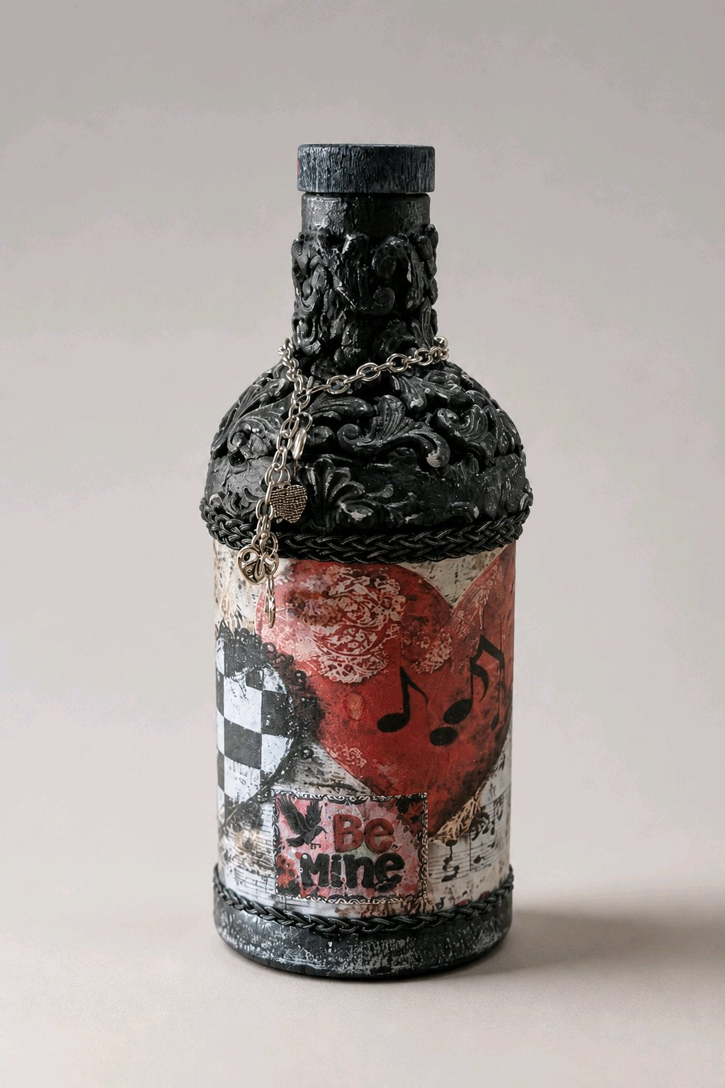 Upcycled Gothic Valentine Bottle with Silver Hearts & Clay Embellishments – Handmade Decor