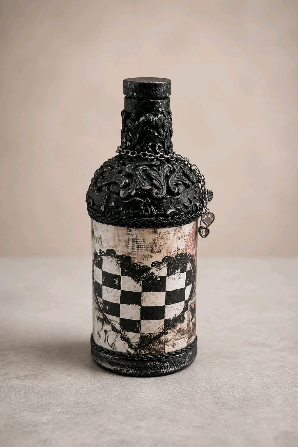 Upcycled Gothic Valentine Bottle with Silver Hearts & Clay Embellishments – Handmade Decor