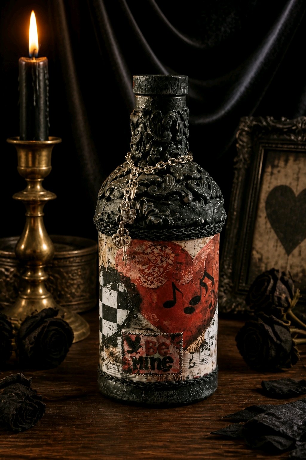 Upcycled Gothic Valentine Bottle with Silver Hearts & Clay Embellishments – Handmade Decor