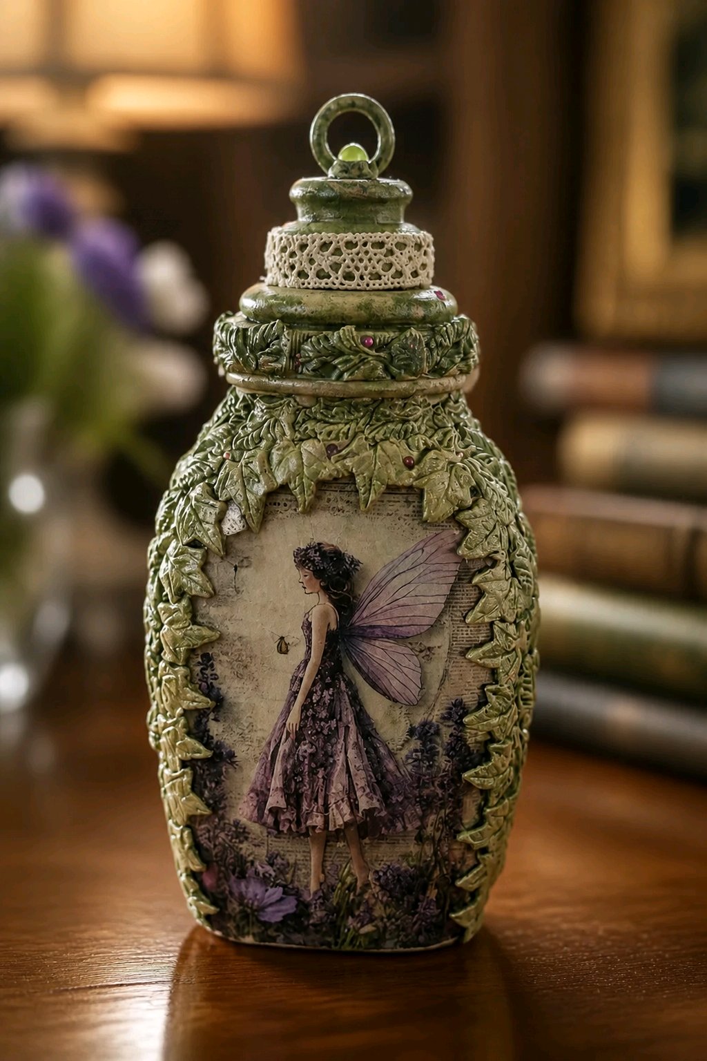 Handmade Green Fairy Altered Jar - Upcycled Jar with Clay Fairy Embellishments
