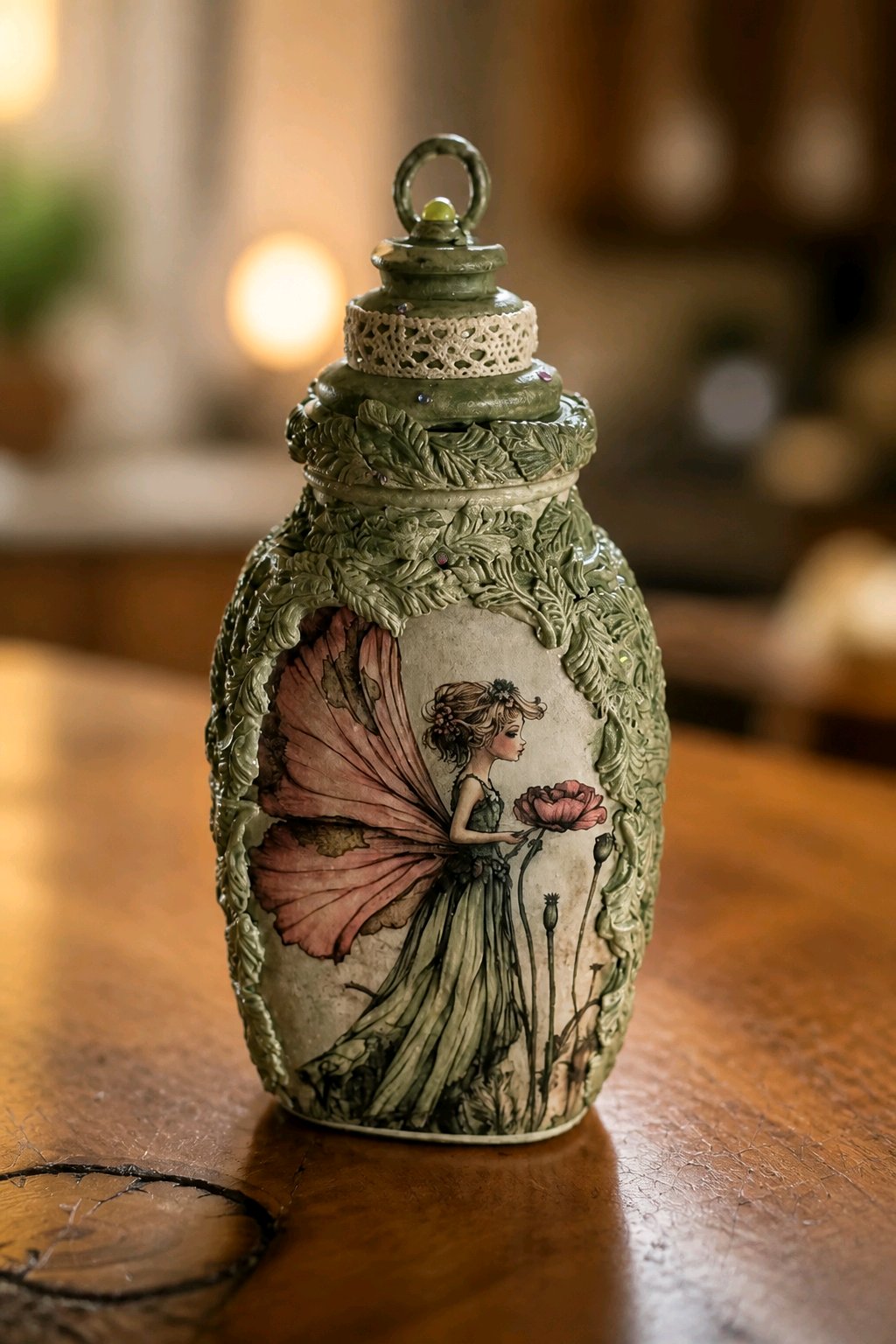 Handmade Green Fairy Altered Jar - Upcycled Jar with Clay Fairy Embellishments