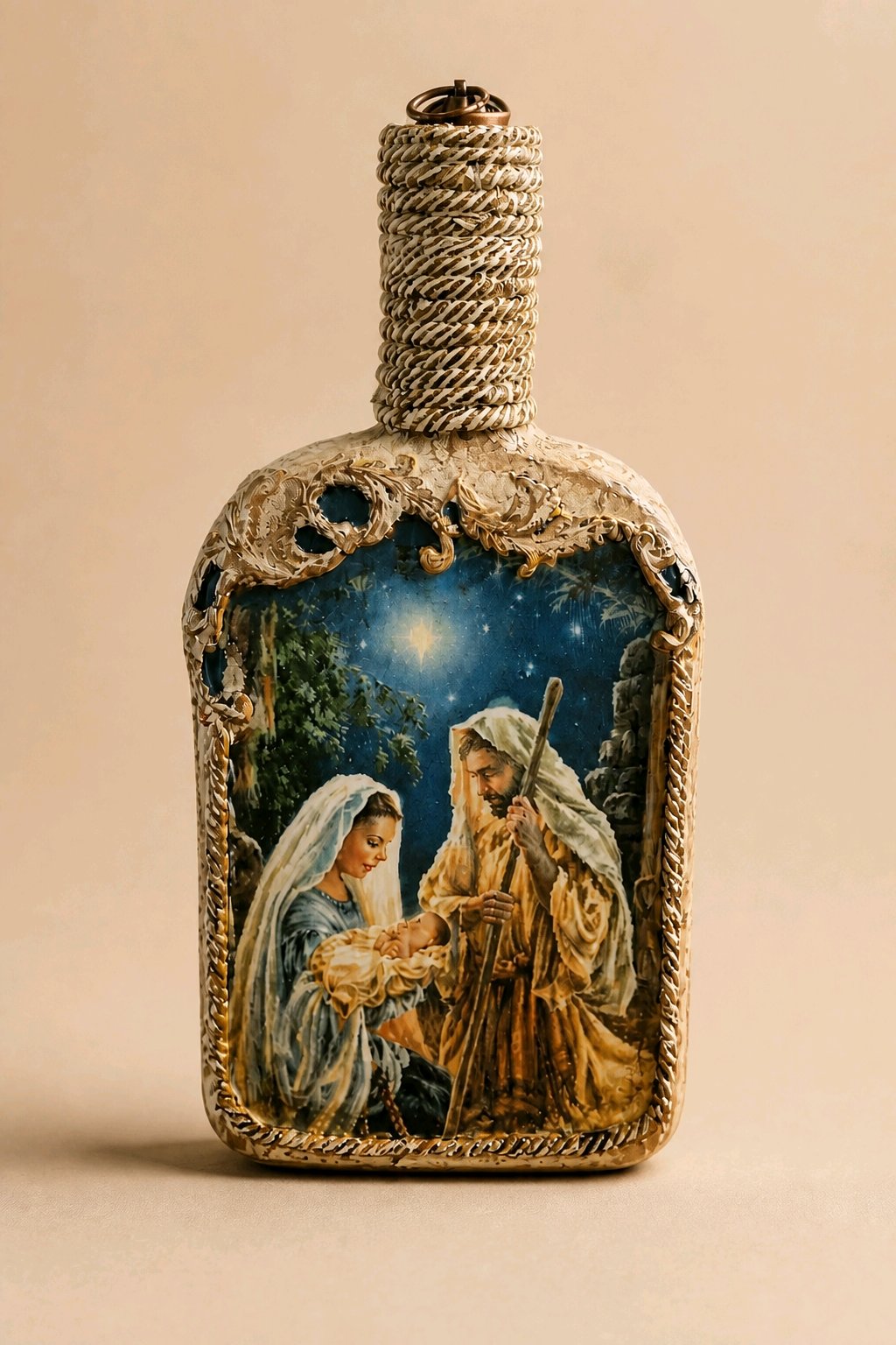 Upcycled Bottle with Jesus Birth Scene – Lighted Christmas Decor