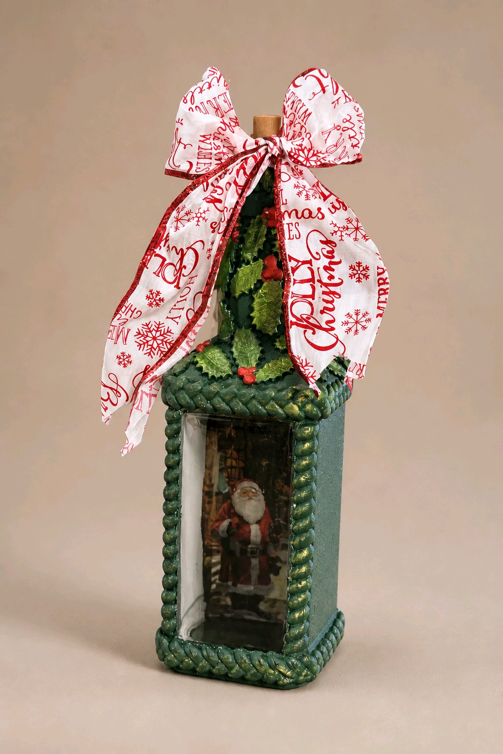 Upcycled Lighted Bottle with Santa Scene – Handmade Christmas Decor