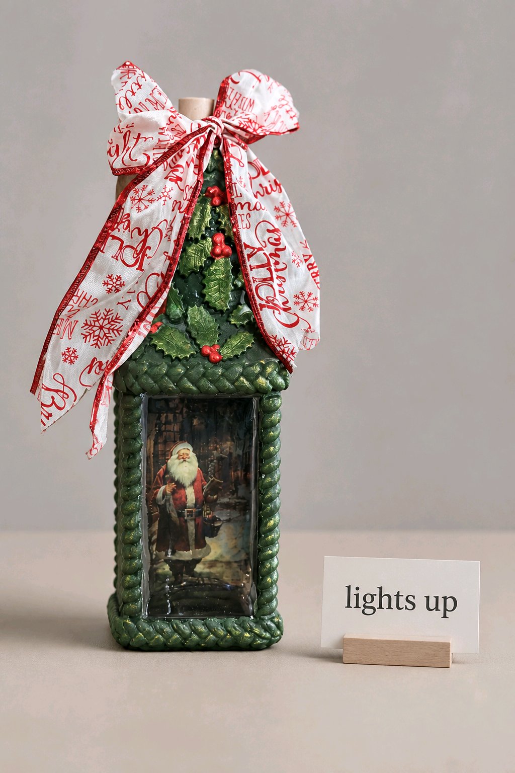 Upcycled Lighted Bottle with Santa Scene – Handmade Christmas Decor