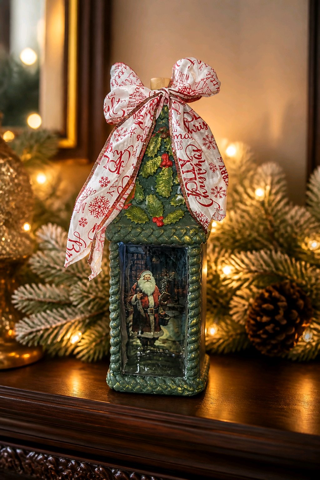 Upcycled Lighted Bottle with Santa Scene – Handmade Christmas Decor