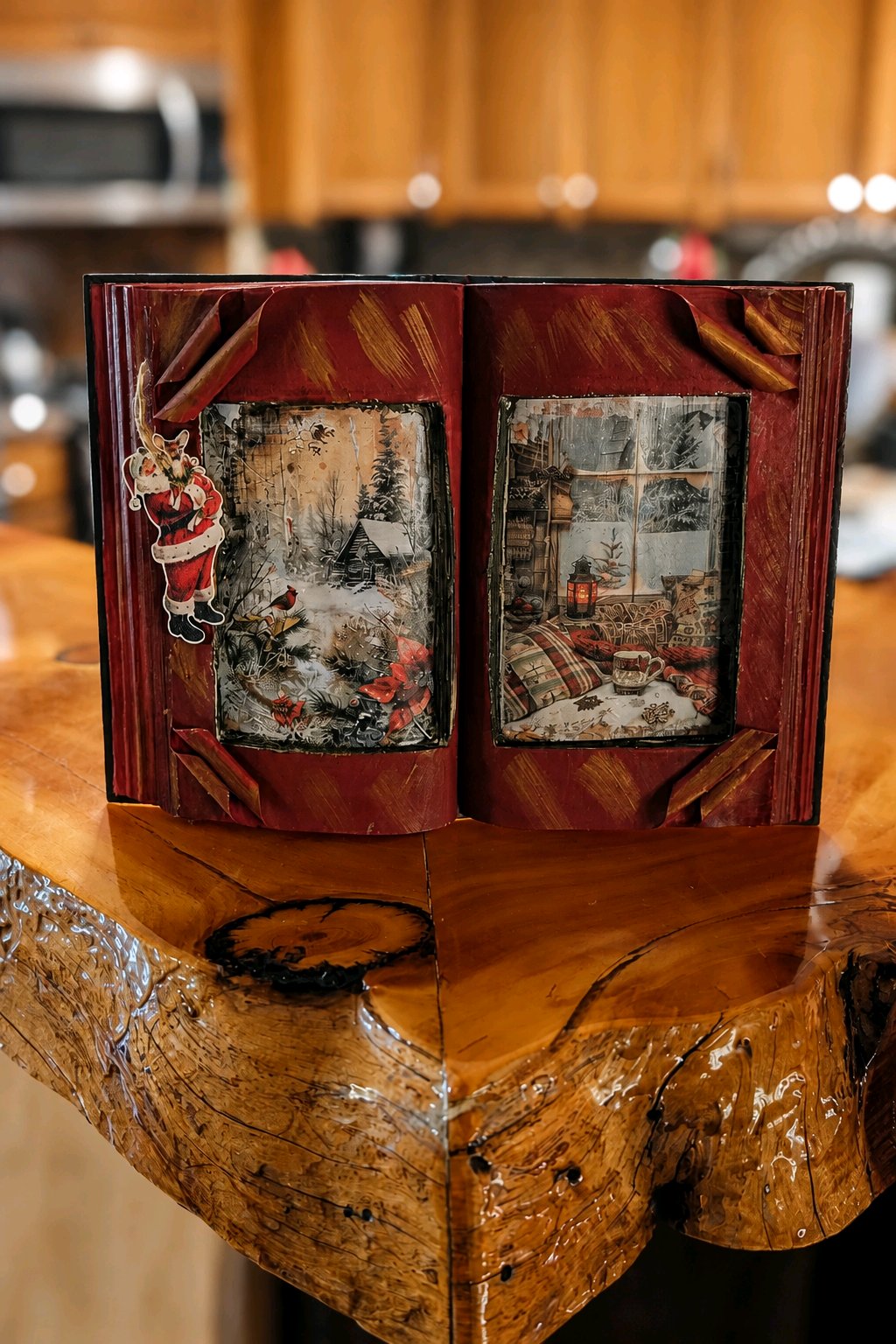 Upcycled Altered Book with Christmas Window Scene – Handmade Santa Decor