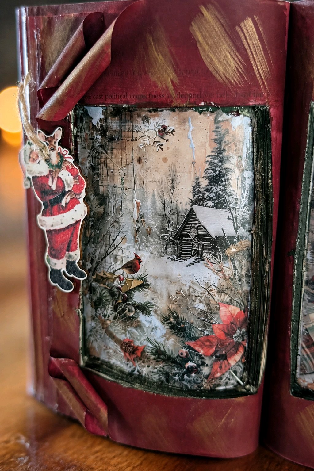 Upcycled Altered Book with Christmas Window Scene – Handmade Santa Decor