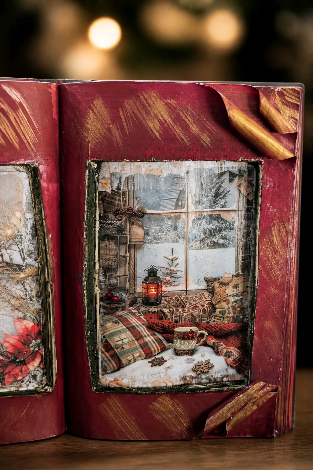 Upcycled Altered Book with Christmas Window Scene – Handmade Santa Decor