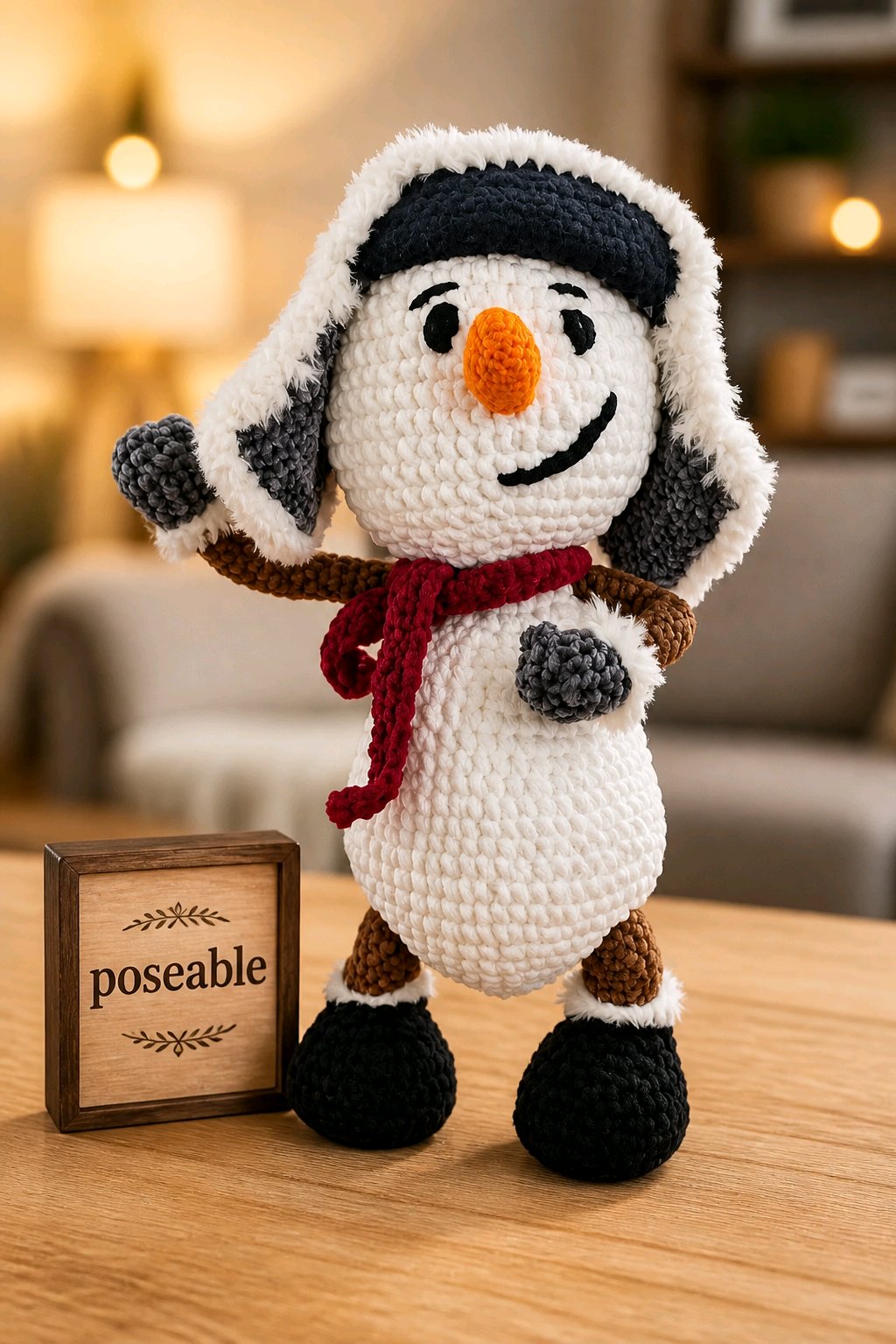 Handmade Poseable Crochet Snowman – 20" Tall with Hat & Scarf