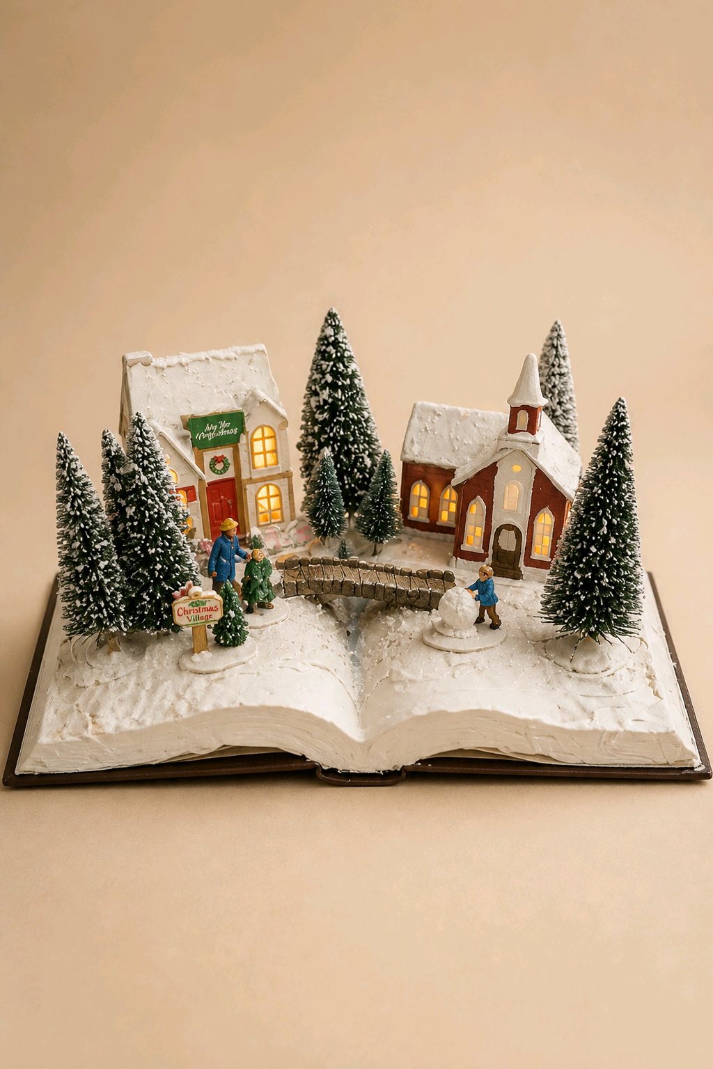 Handmade Altered Book Christmas Village Diorama – Open Book Scene with People