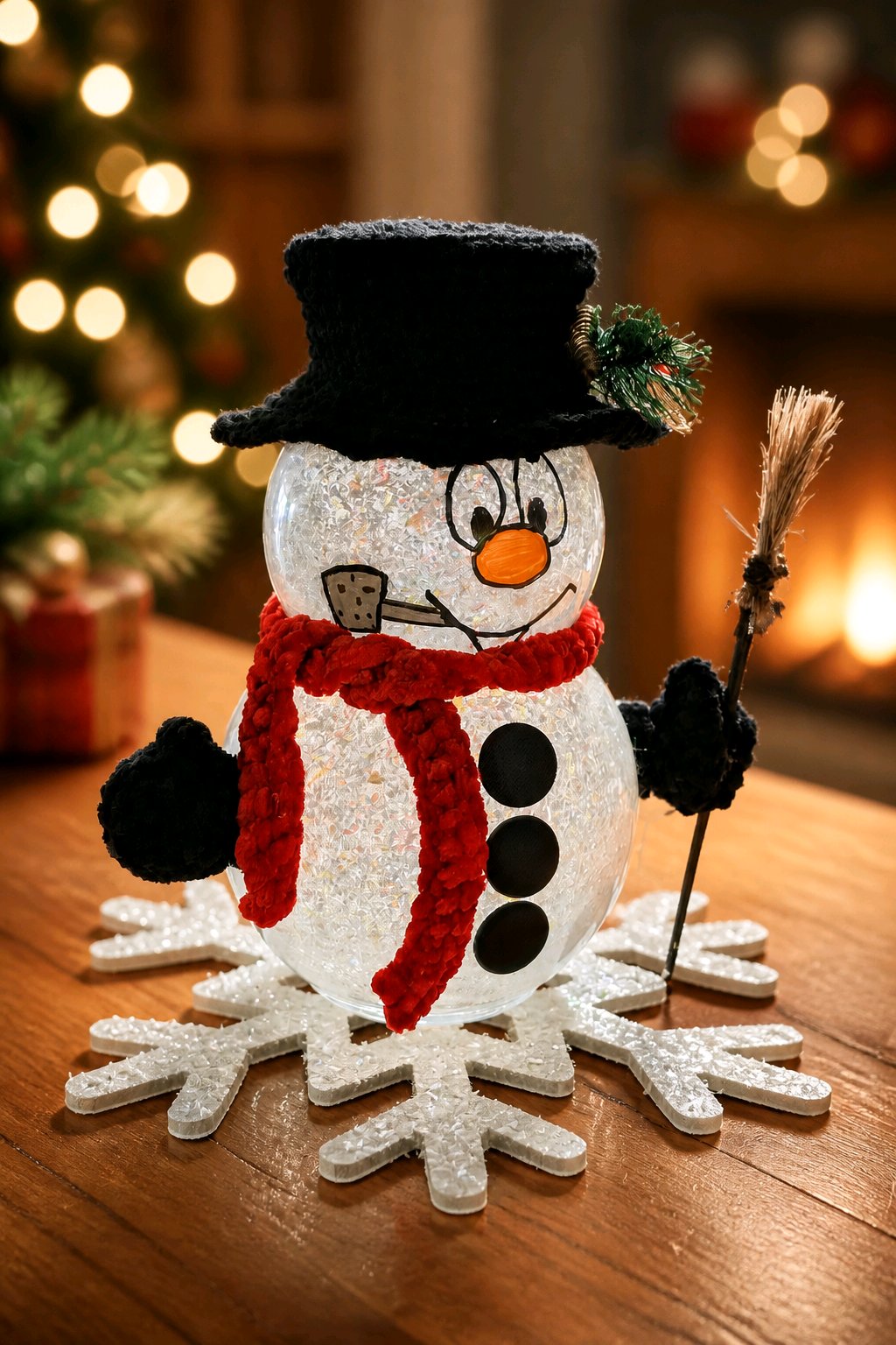 Upcycled Glass Snowman with Crochet Hat, Mittens & Scarf – Lighted Handmade Frosty Decor