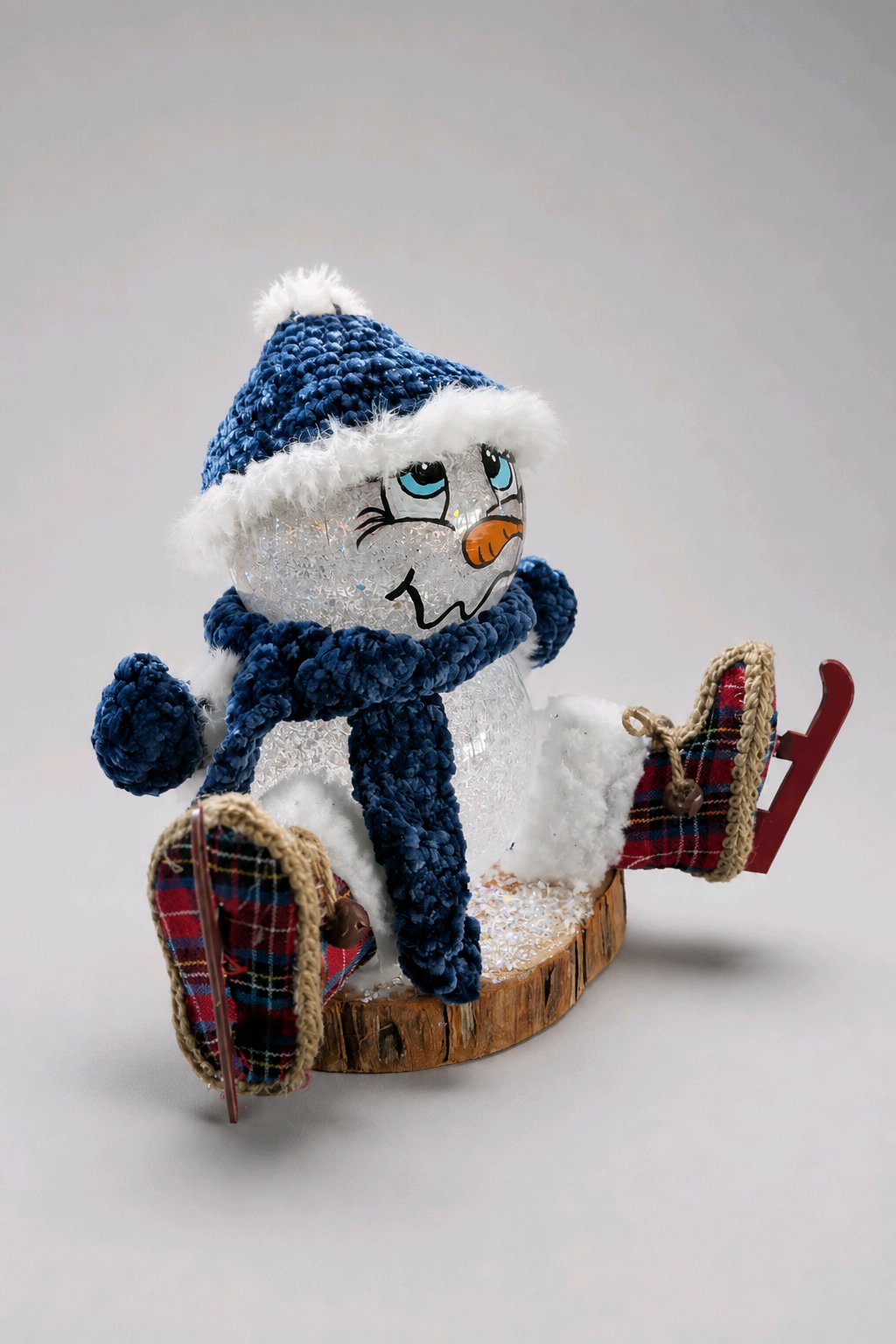 Upcycled Glass Sitting Snowman with Ice Skates – Lighted Handmade Christmas Decor