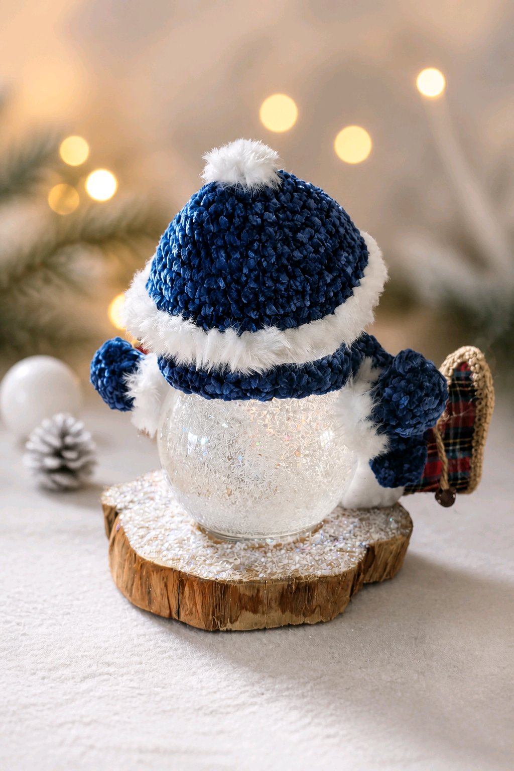Upcycled Glass Sitting Snowman with Ice Skates – Lighted Handmade Christmas Decor
