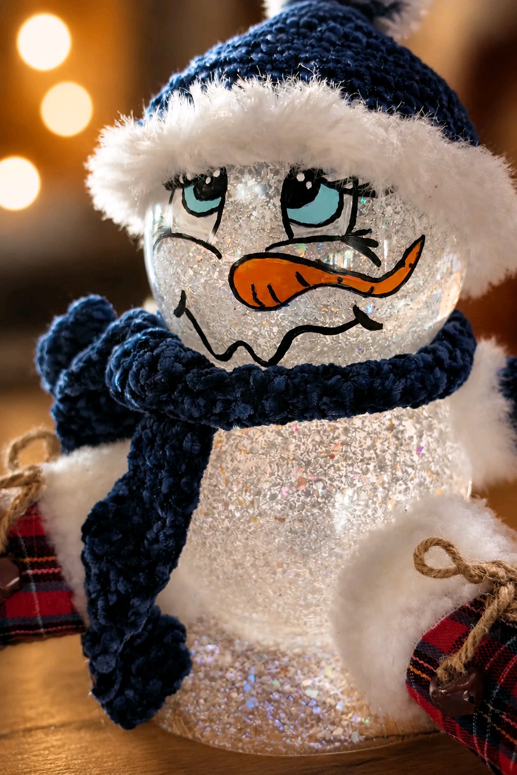 Upcycled Glass Sitting Snowman with Ice Skates – Lighted Handmade Christmas Decor