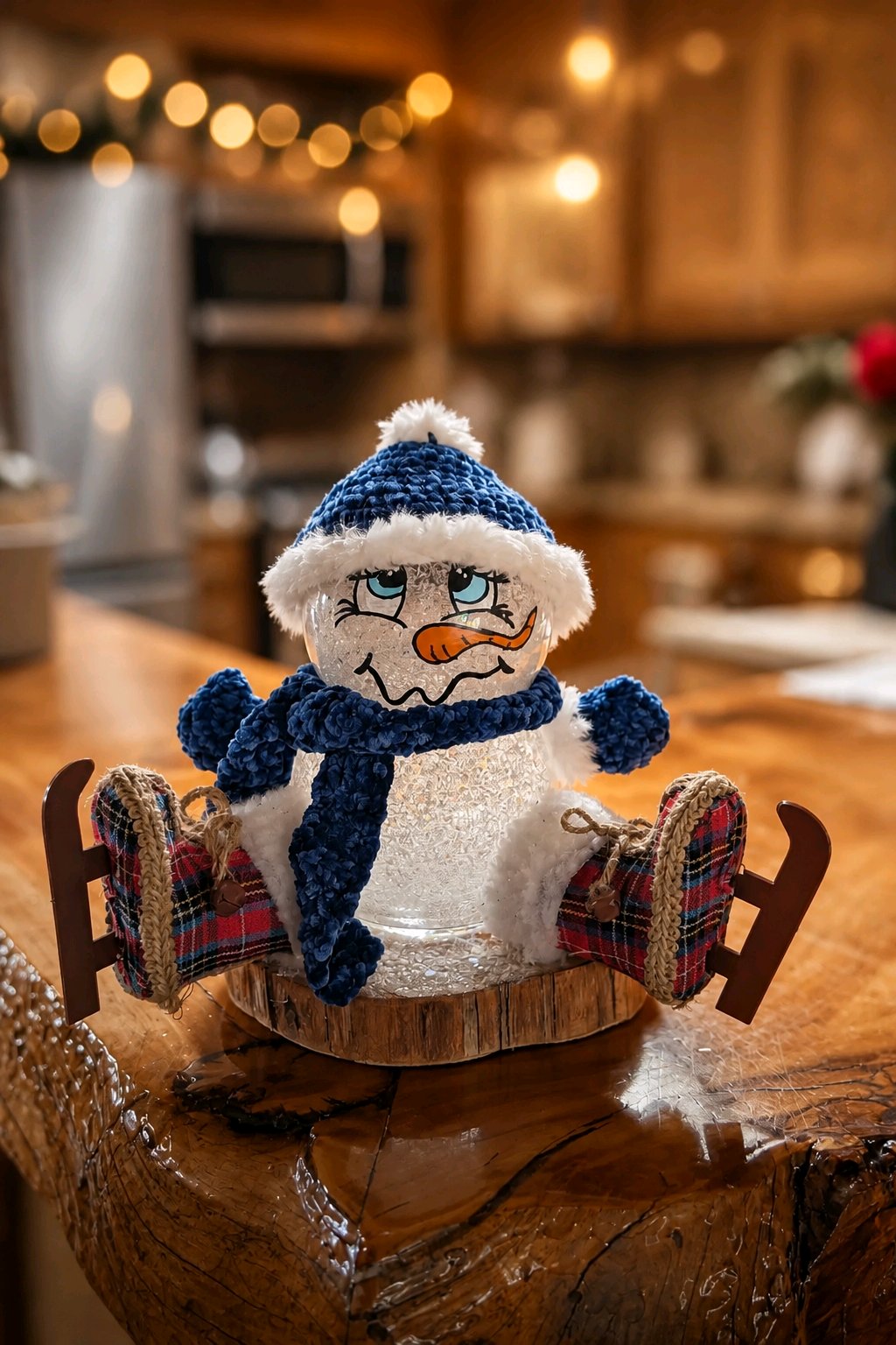 Upcycled Glass Sitting Snowman with Ice Skates – Lighted Handmade Christmas Decor