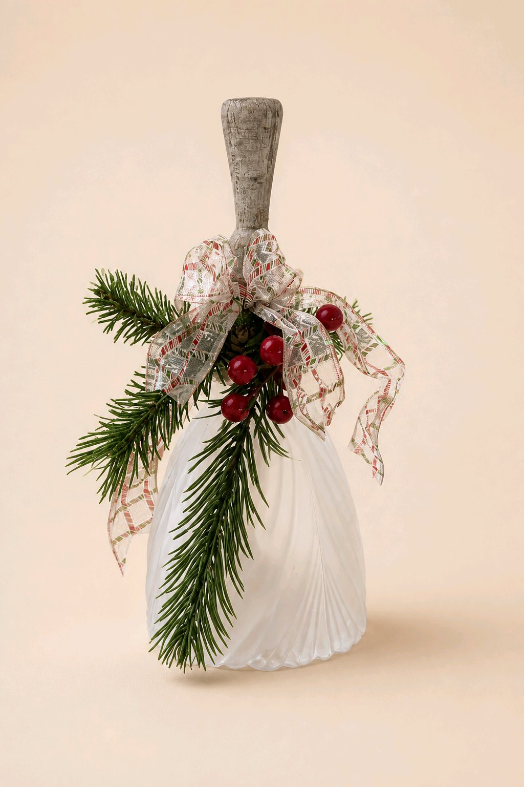 Upcycled Glass Globe Bell with Frosted Sheer Ribbon, Evergreen & Red Berries – Handmade Christmas Decor