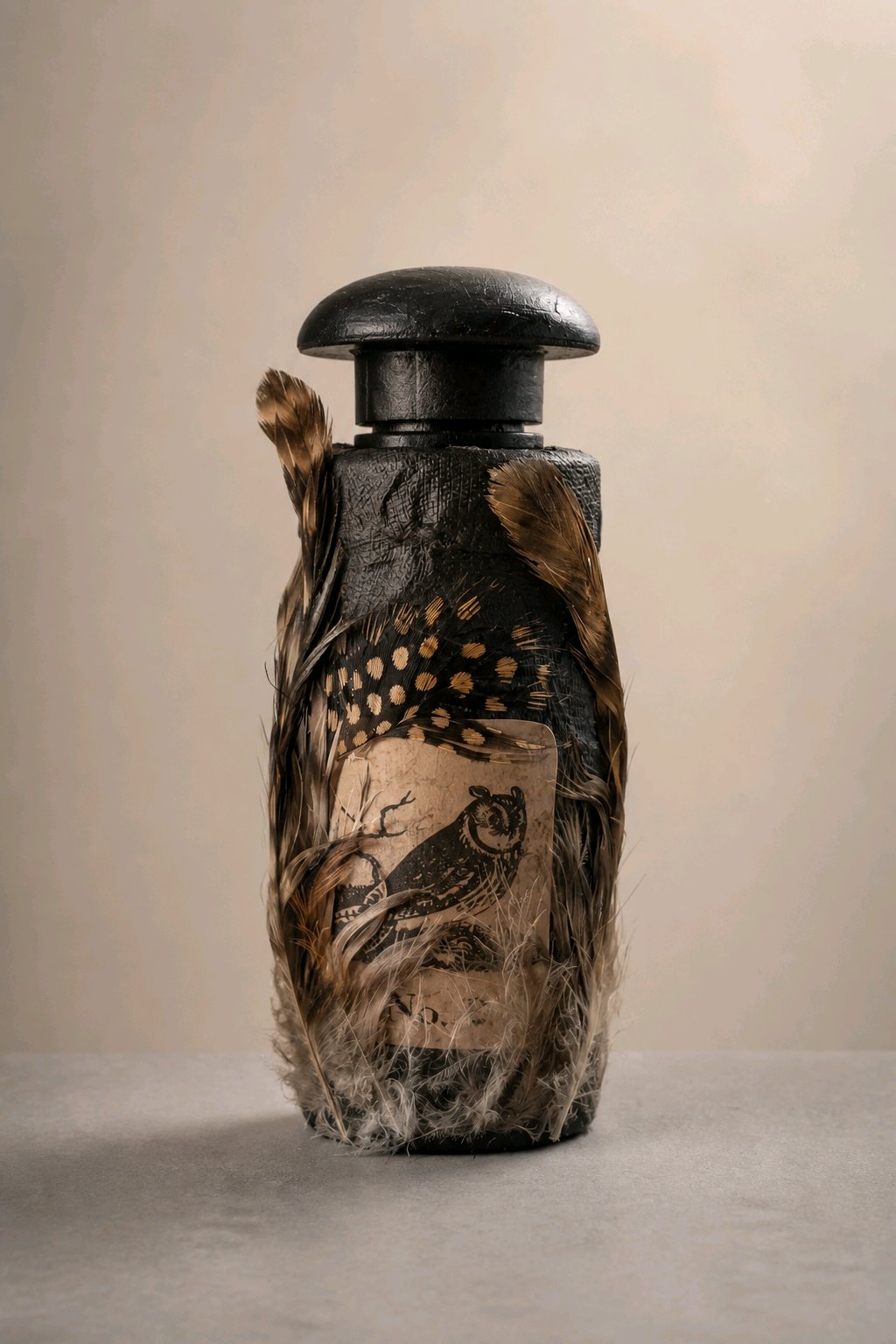 Upcycled Gothic Owl Jar with Real Feathers – Handmade Shelf Sitter