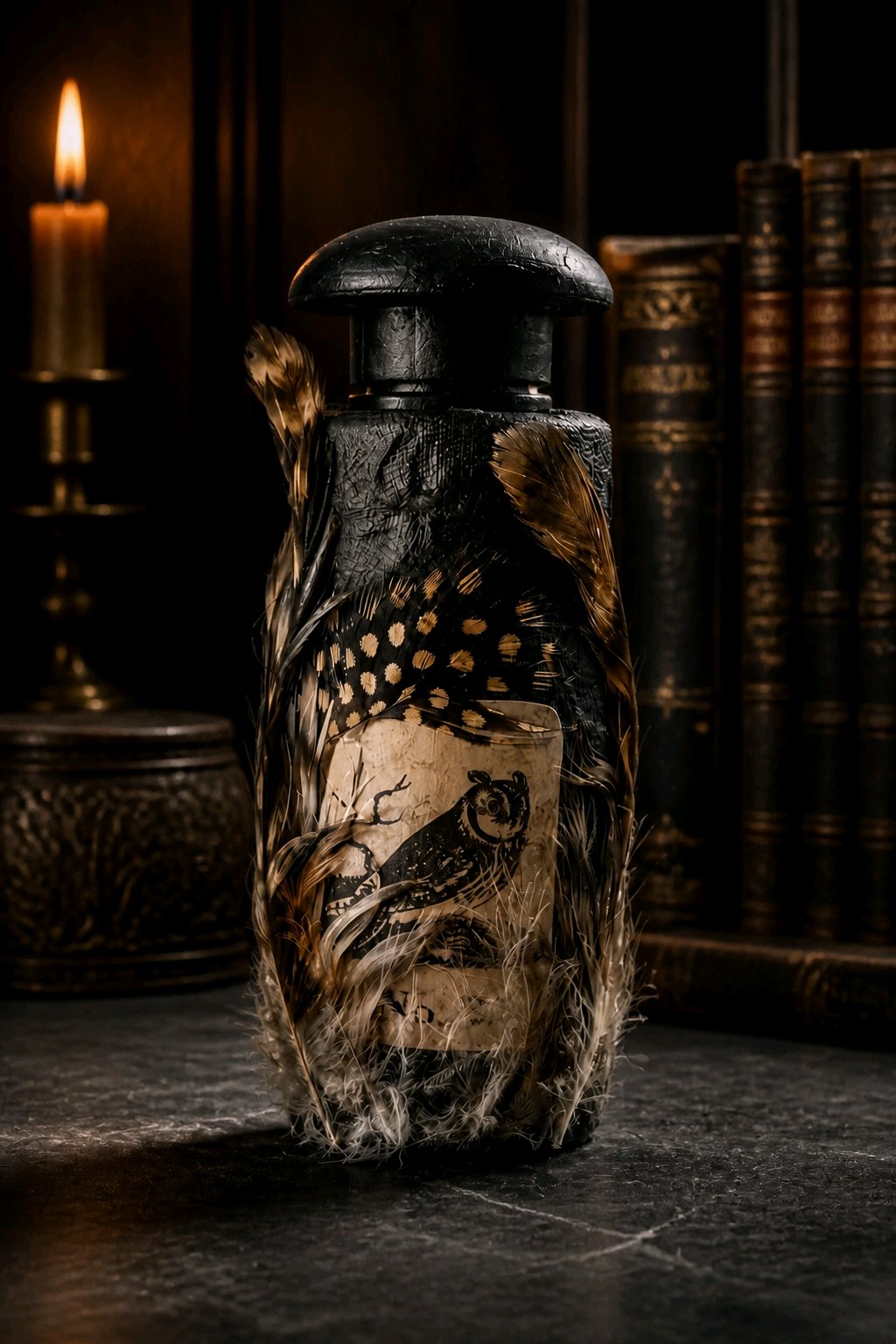Upcycled Gothic Owl Jar with Real Feathers – Handmade Shelf Sitter