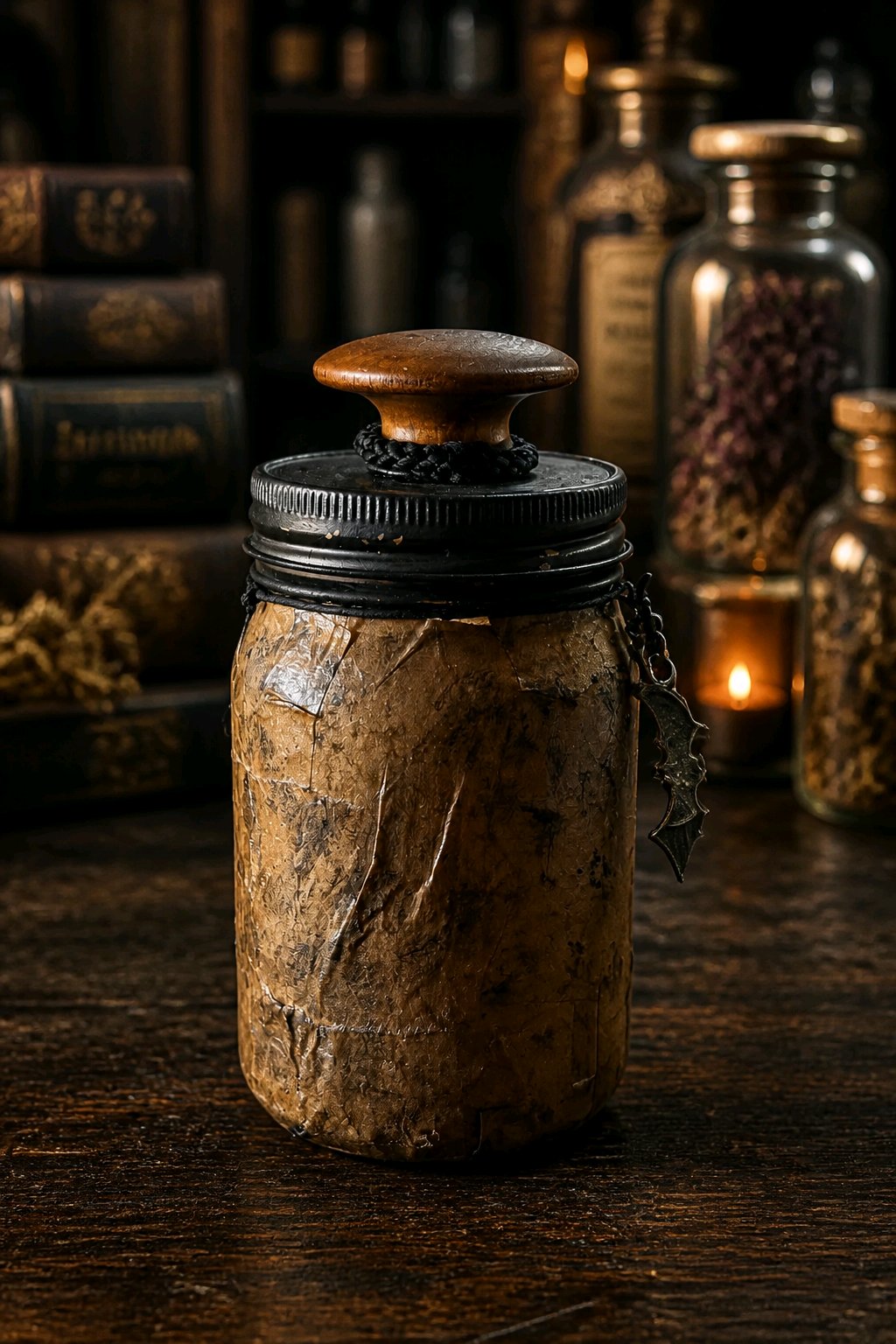 Upcycled Halloween Apothecary Jar – Bat Wing Tonic & Elixir | Handmade Gothic Decor