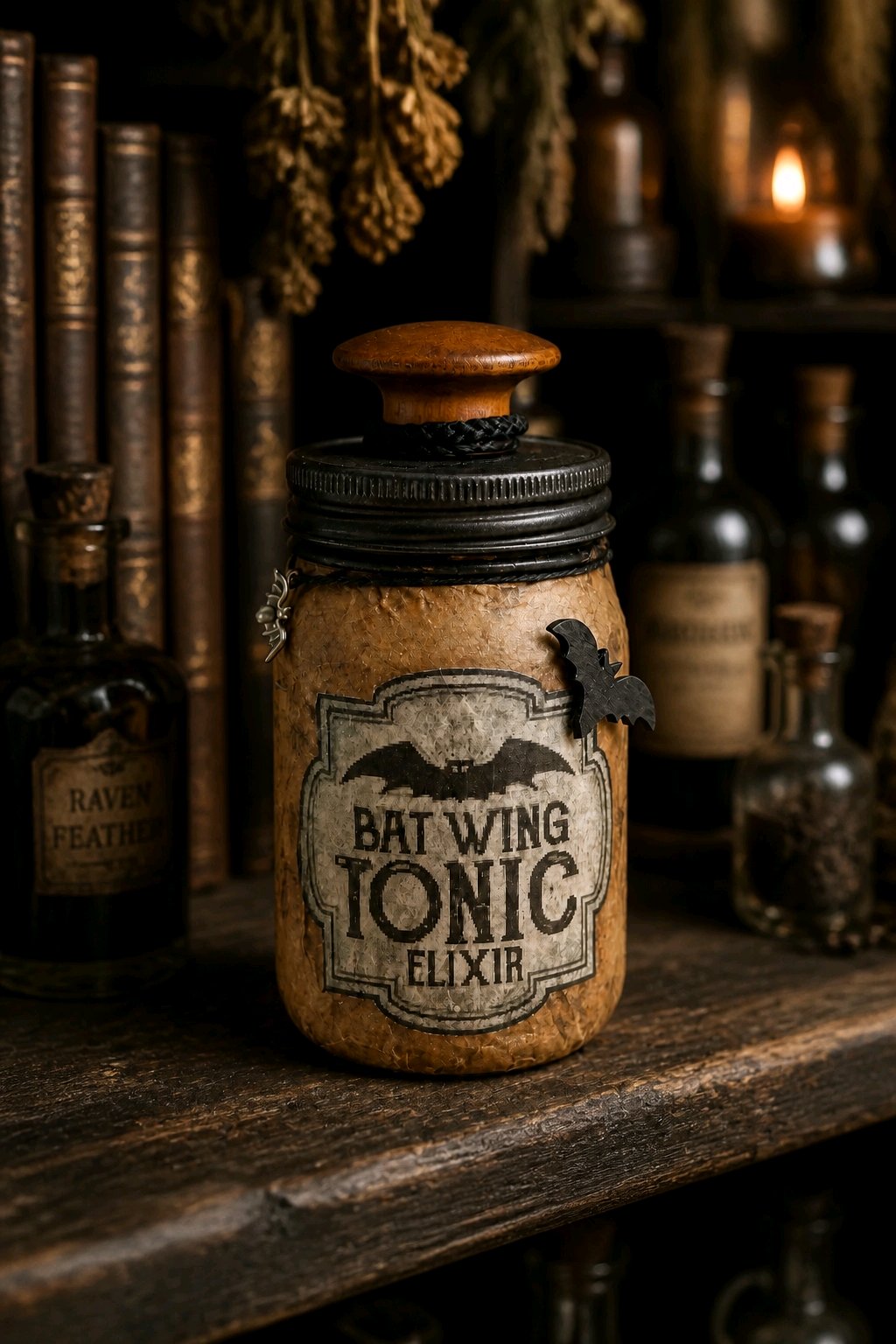 Upcycled Halloween Apothecary Jar – Bat Wing Tonic & Elixir | Handmade Gothic Decor