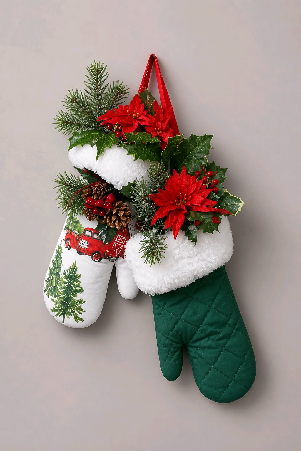 Upcycled Oven Mitt Christmas Door Hanger – Handmade with Greenery & Ribbon