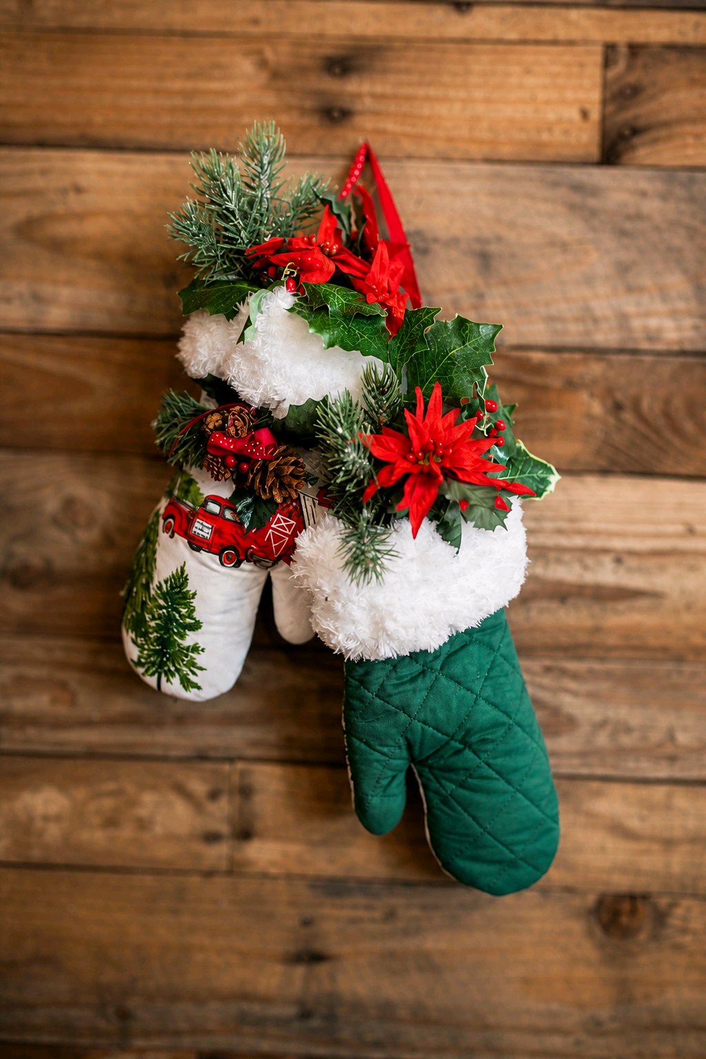 Upcycled Oven Mitt Christmas Door Hanger – Handmade with Greenery & Ribbon
