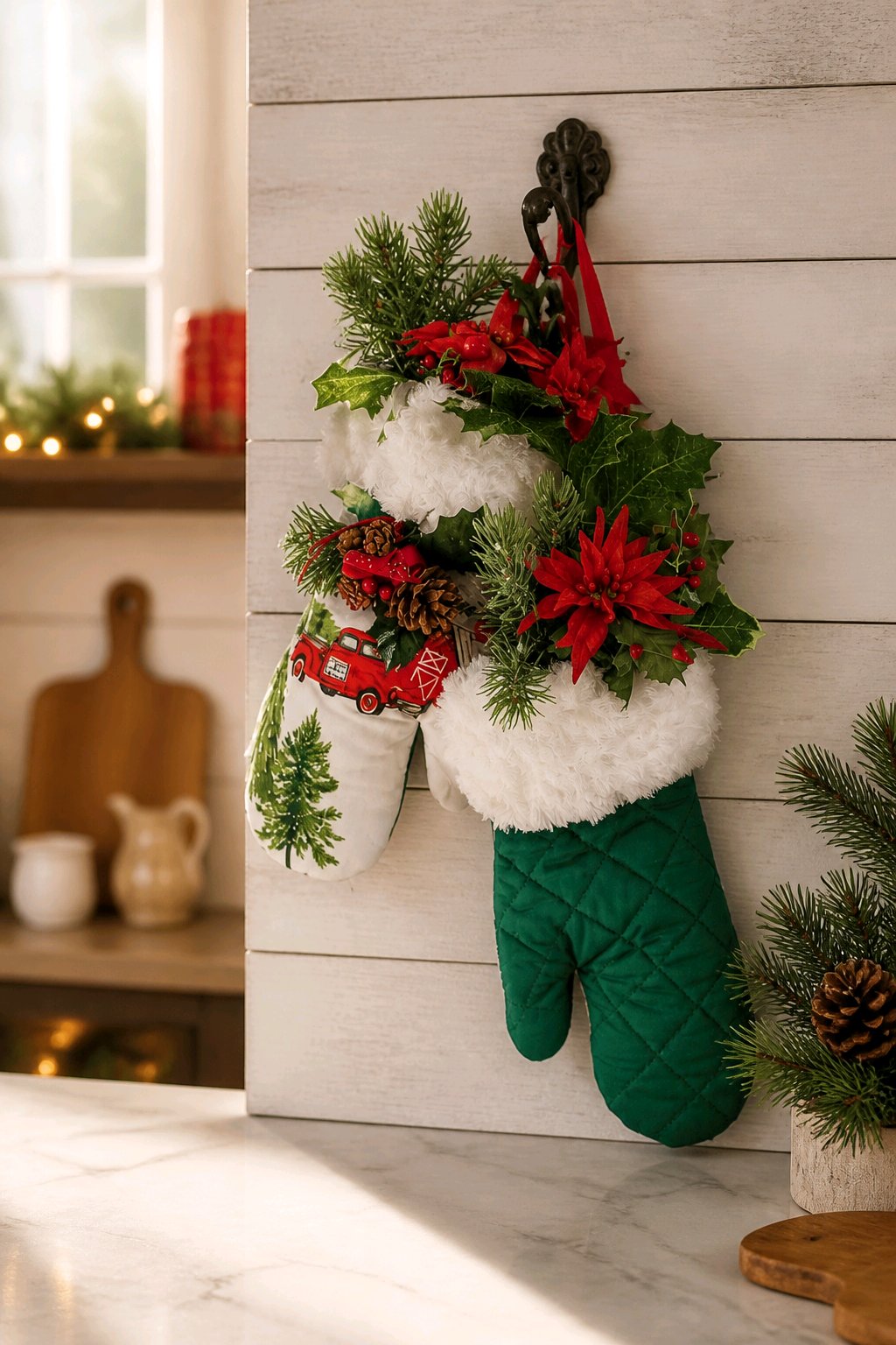 Upcycled Oven Mitt Christmas Door Hanger – Handmade with Greenery & Ribbon