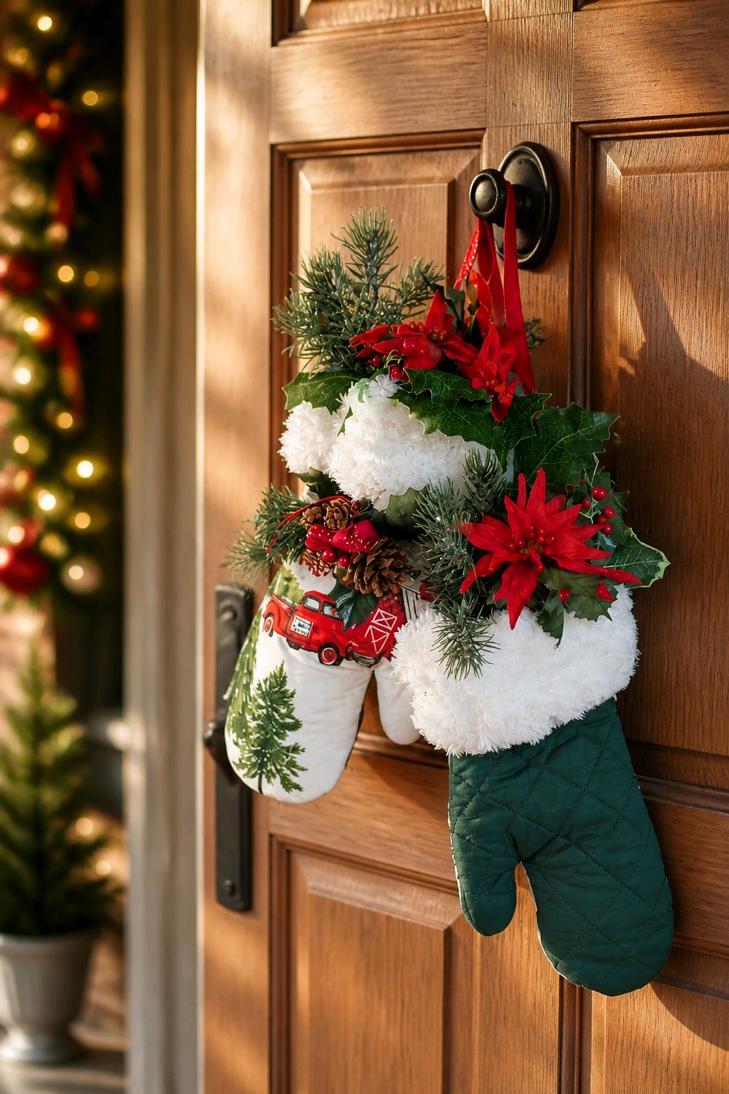 Upcycled Oven Mitt Christmas Door Hanger – Handmade with Greenery & Ribbon