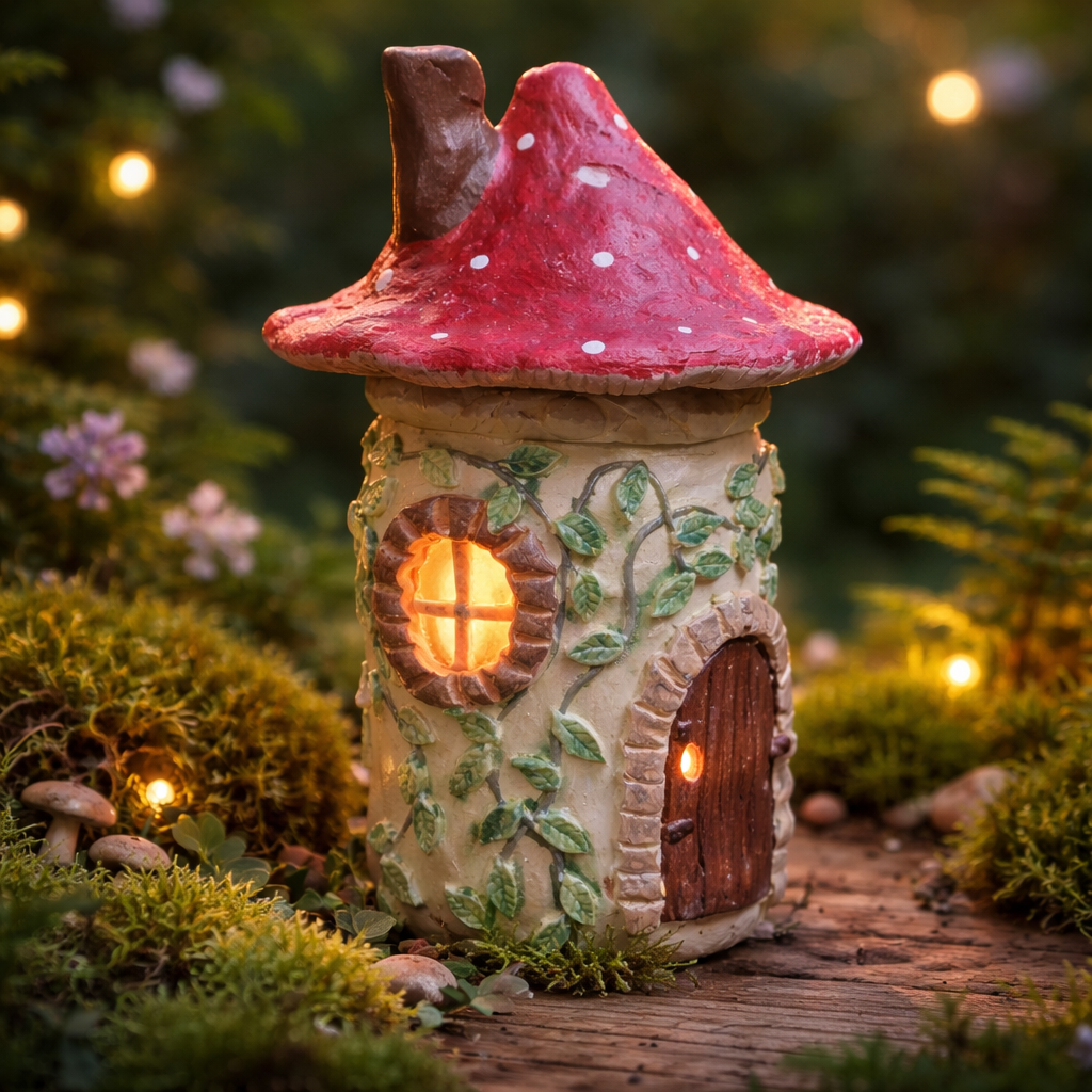 Handmade Fairy House Jar Night Light - Upcycled Glass with LED Lights