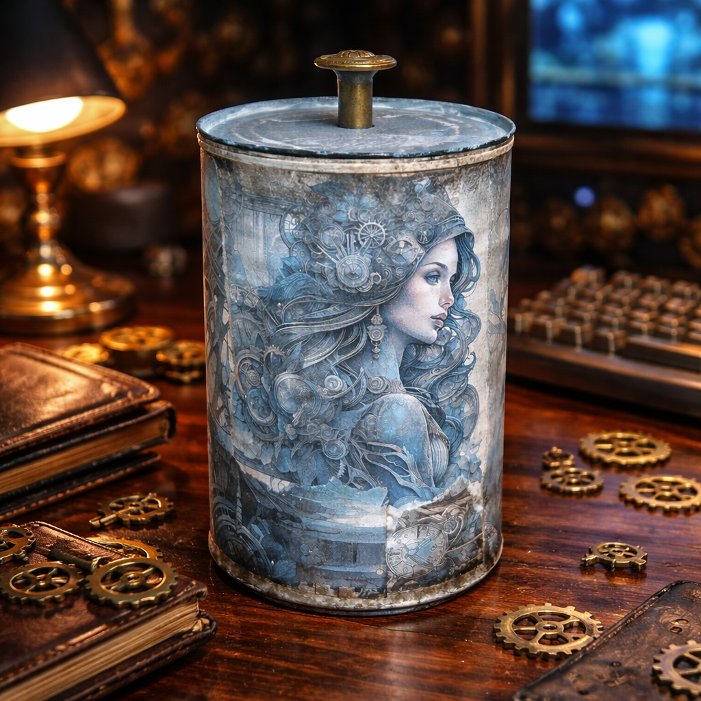 Handmade Gaming Dice Holder - Upcycled Felt-Lined Tin Container - Steampunk