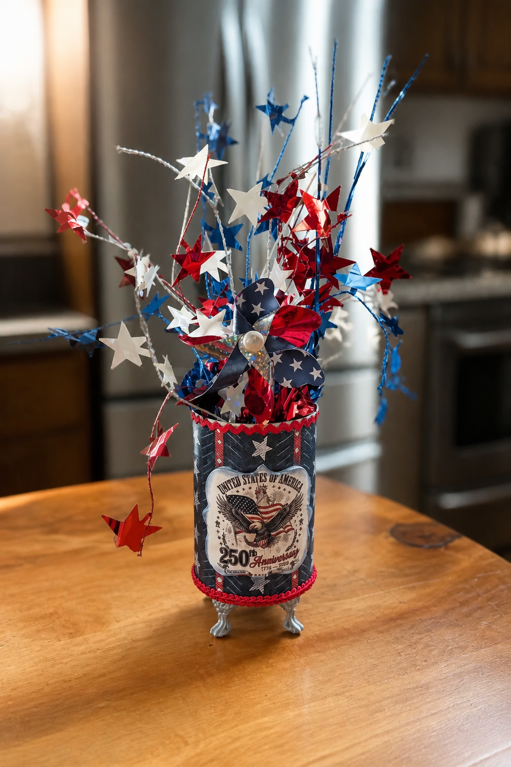 Patriotic Centerpiece Decor | Handmade Upcycled Tin Can | America 250th Anniversary