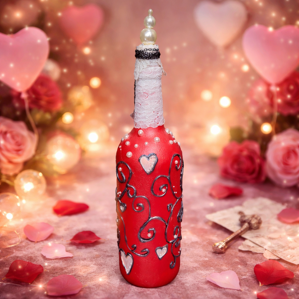 Handmade Valentine Upcycled Bottle - Red Black White Decor