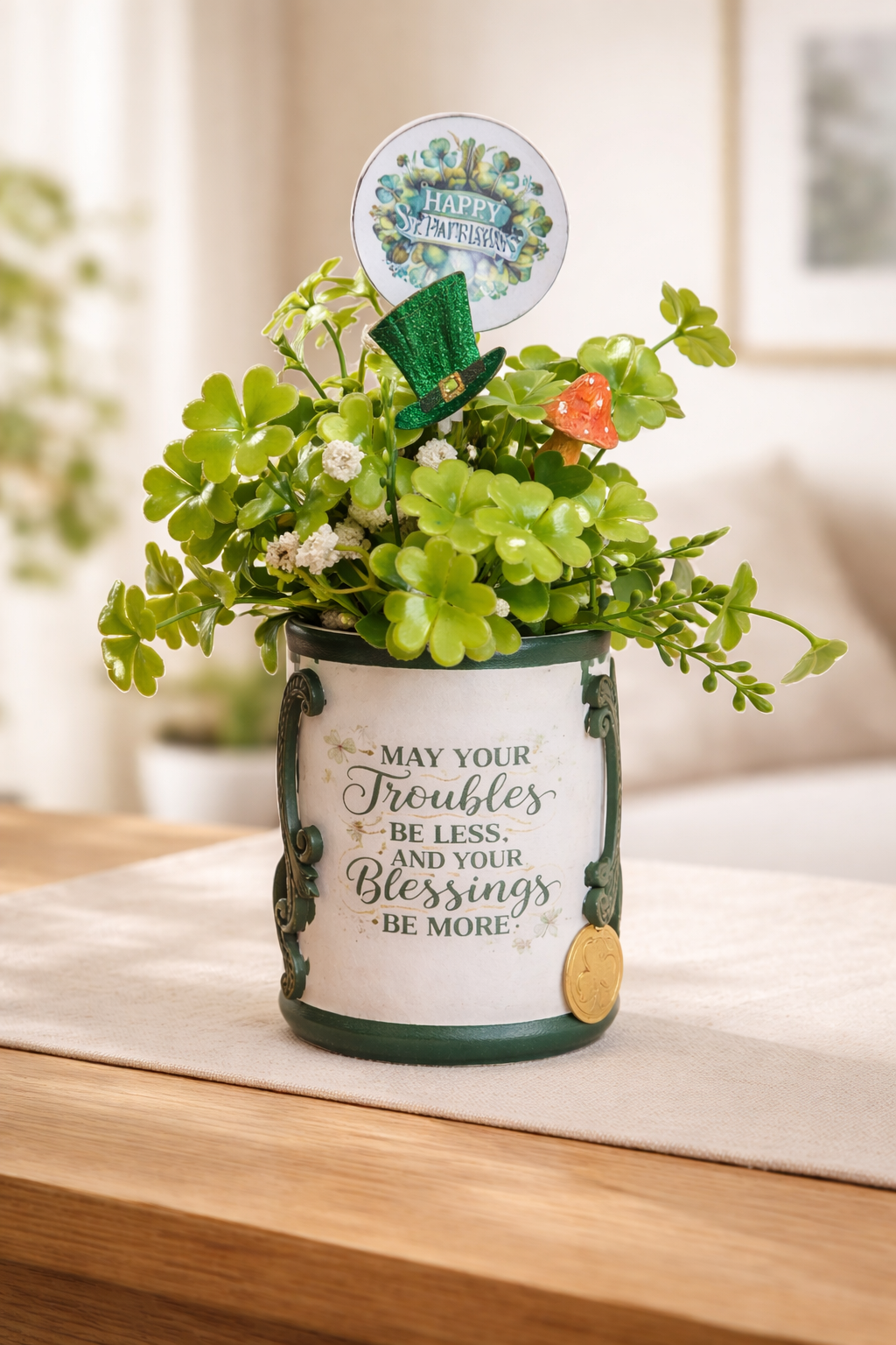 St. Patrick's Day Decor - Upcycled Tin Can with Shamrocks & Greenery