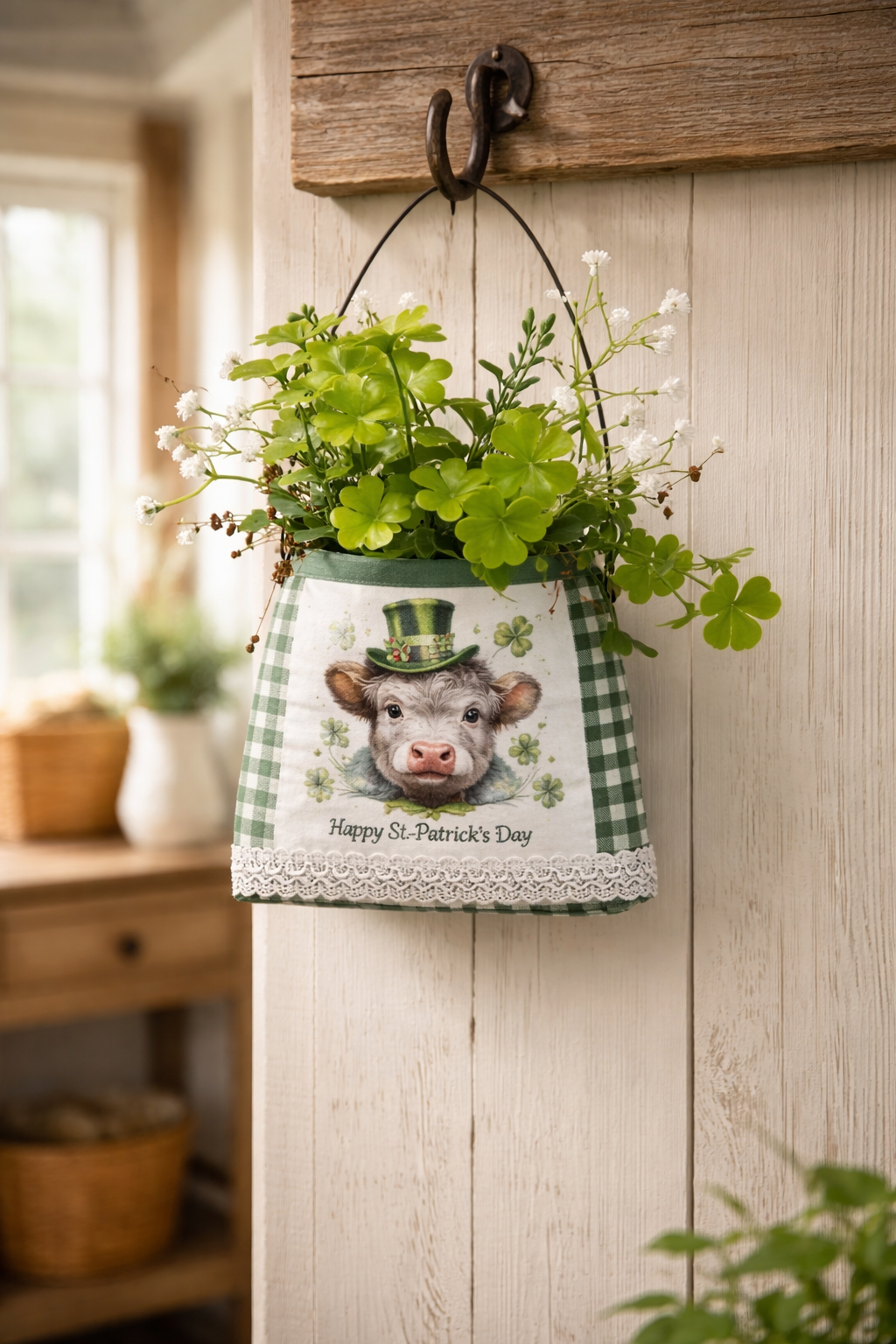 St. Patrick's Day Hanging Planter - Upcycled Tin Can with Shamrocks