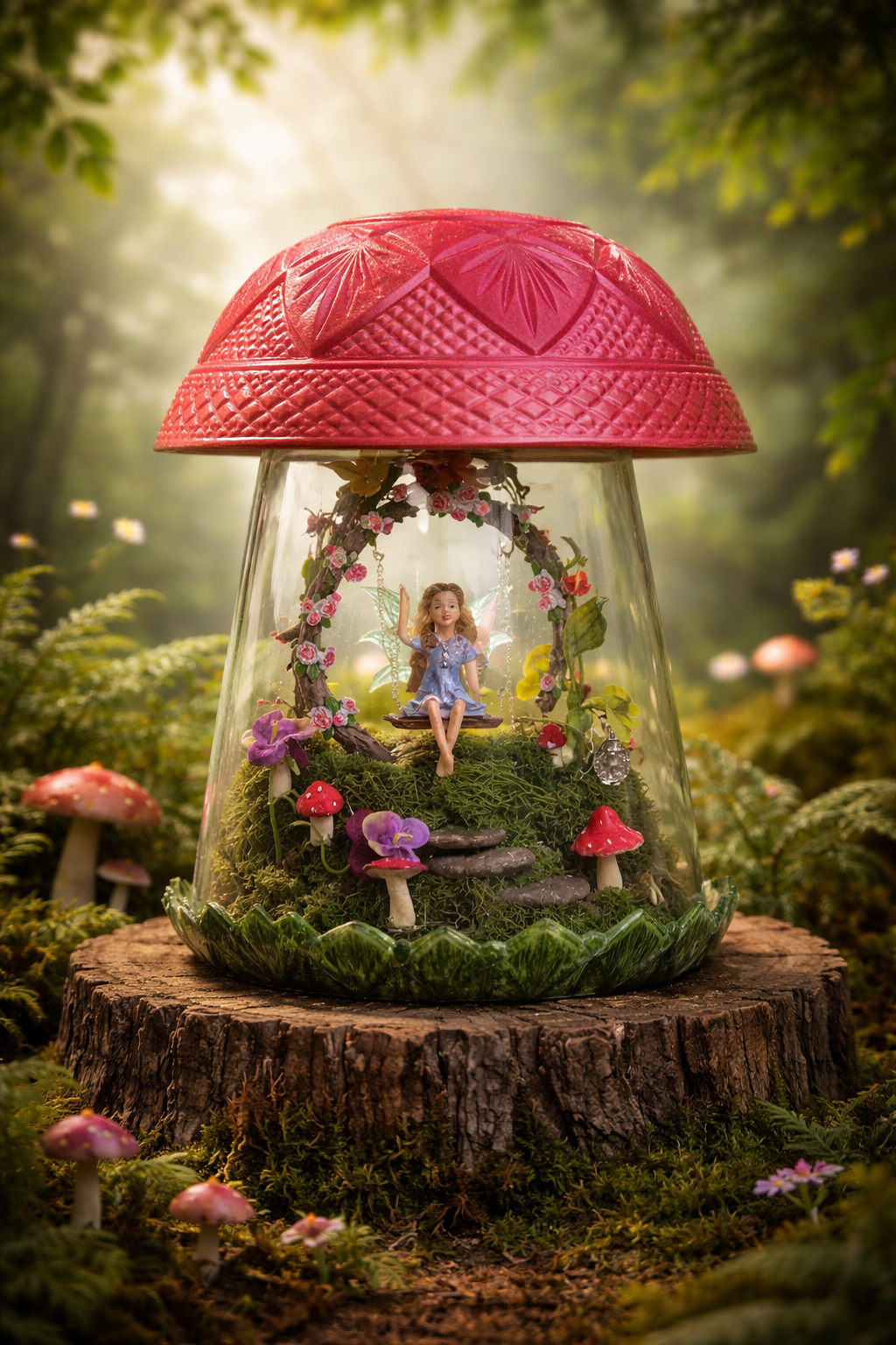 Mushroom Fairy Cloche with Lights - Enchanted Glass Dome Decor