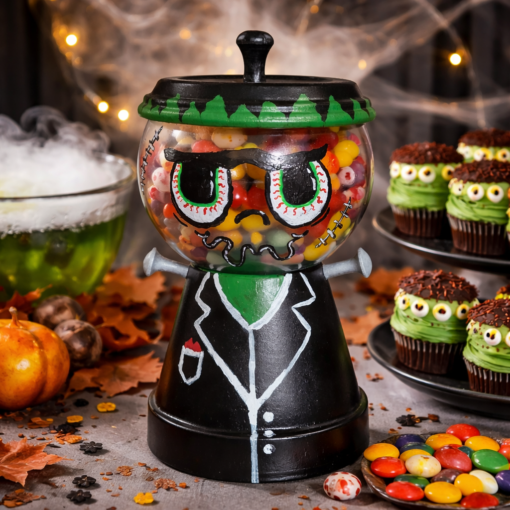 Handmade Frankenstein Candy Jar - Glass & Clay Halloween Decoration