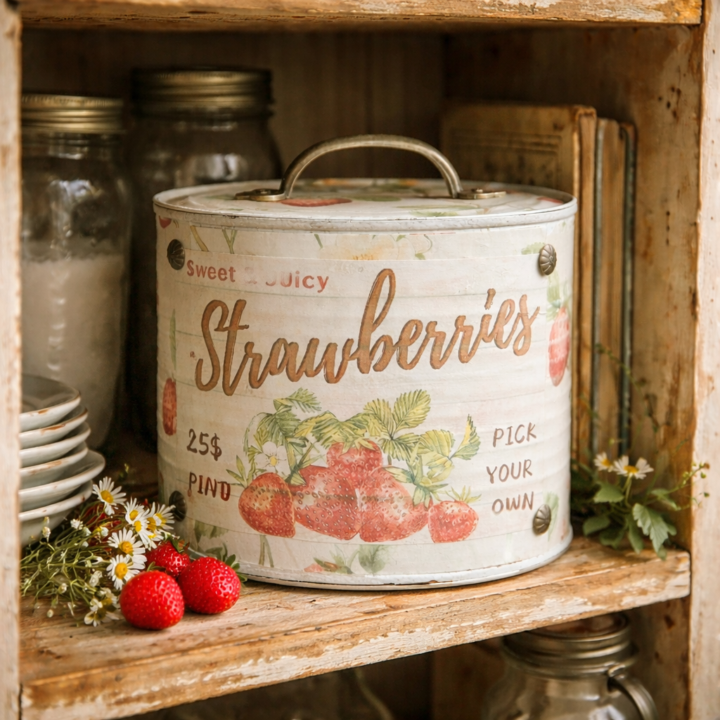 Handmade Strawberry-Themed Upcycled Tin Can with Lid - Farmhouse Decor
