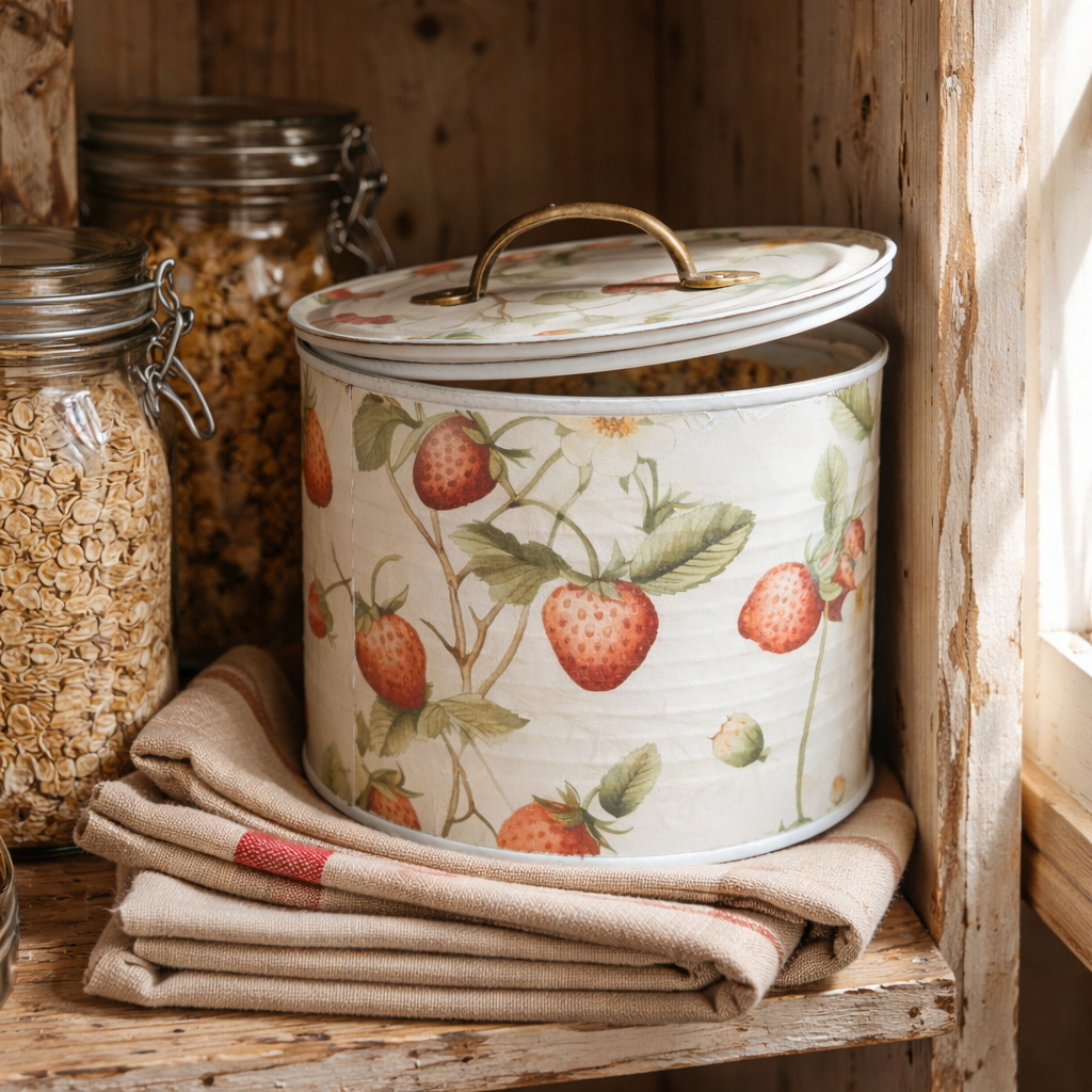 Handmade Strawberry-Themed Upcycled Tin Can with Lid - Farmhouse Decor