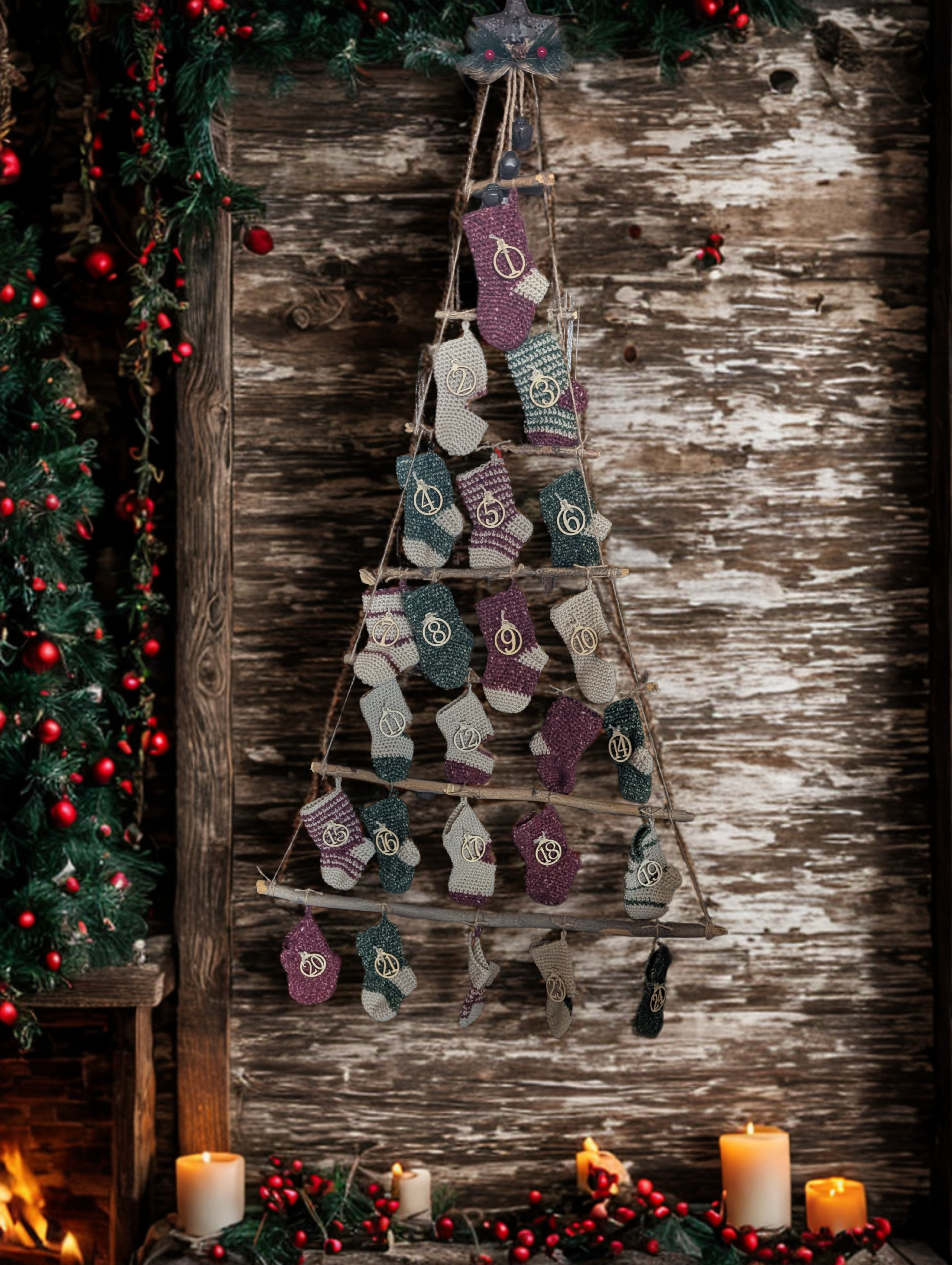 Handmade Rustic Advent Calendar - Crocheted Christmas Countdown with 24 Stockings
