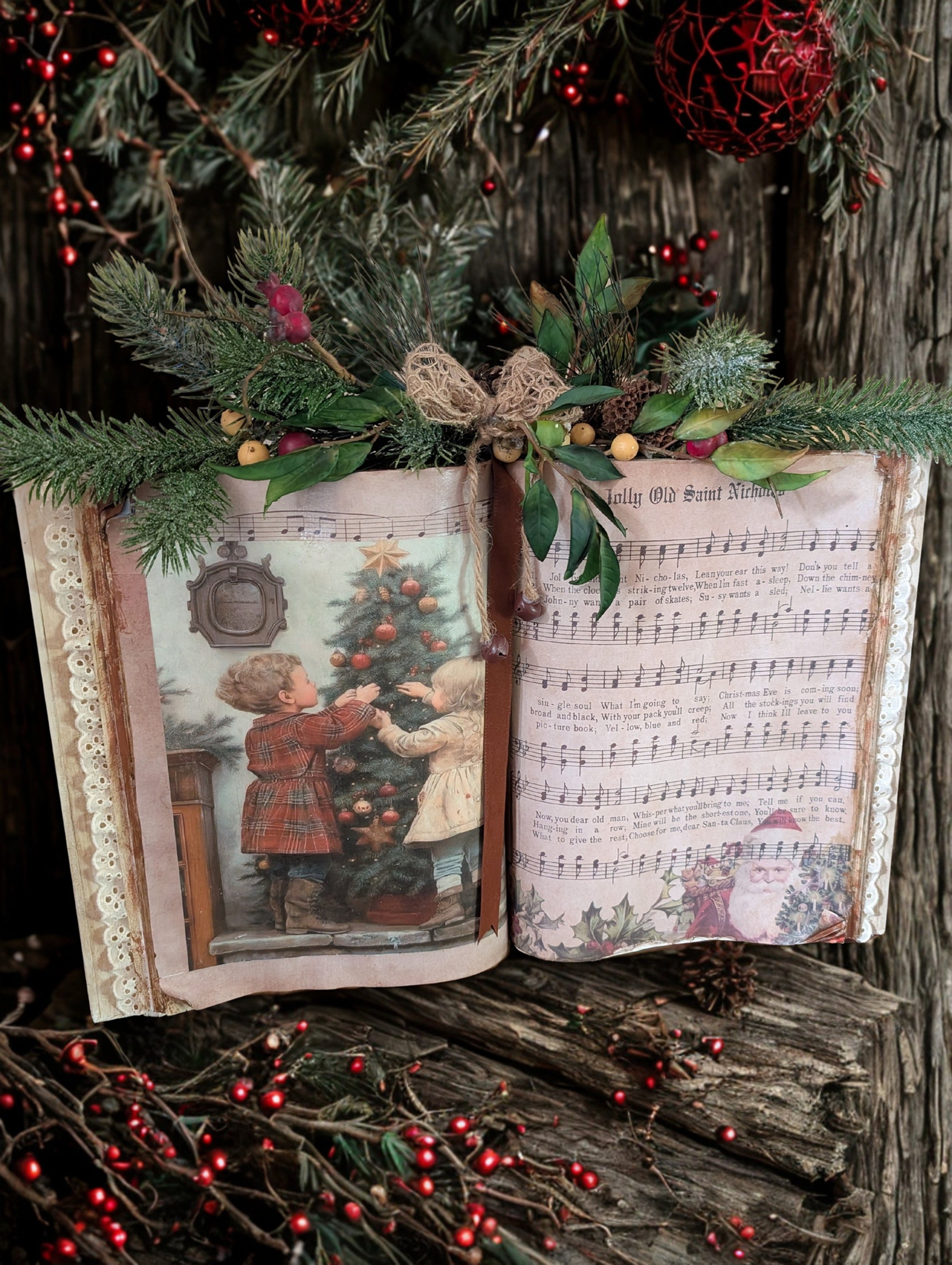 Jolly Old Saint Nicholas Altered Book Decor - Vintage Upcycled Christmas Decoration
