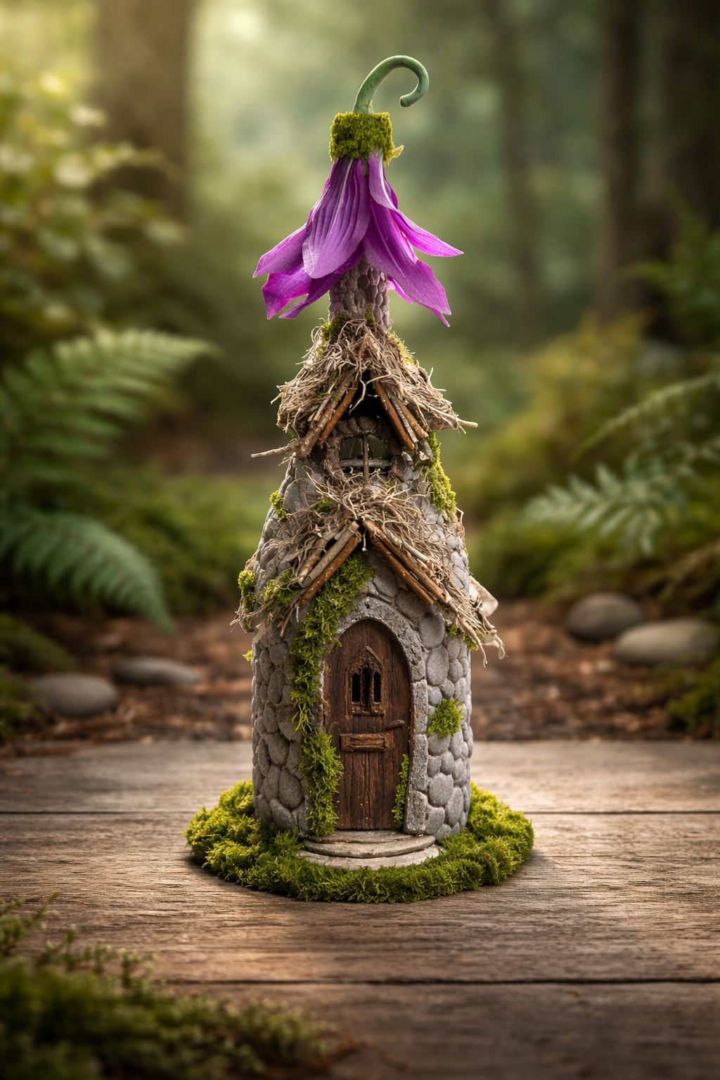 Fairy Bottle with Purple Flower Top - Upcycled Whimsical Decor