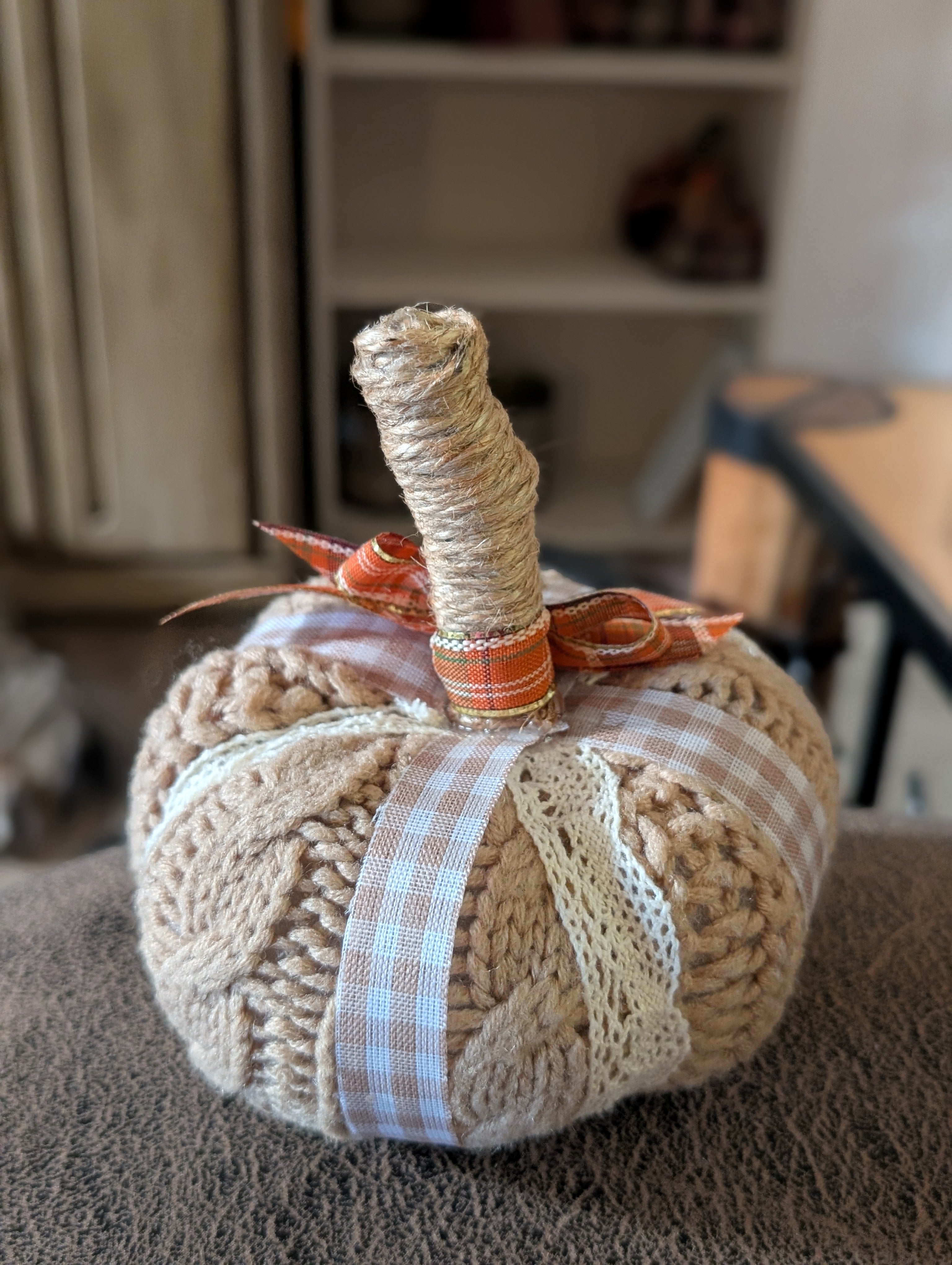 Small Upcycled Sweater Pumpkin with Ribbon - Handmade Fall Decor