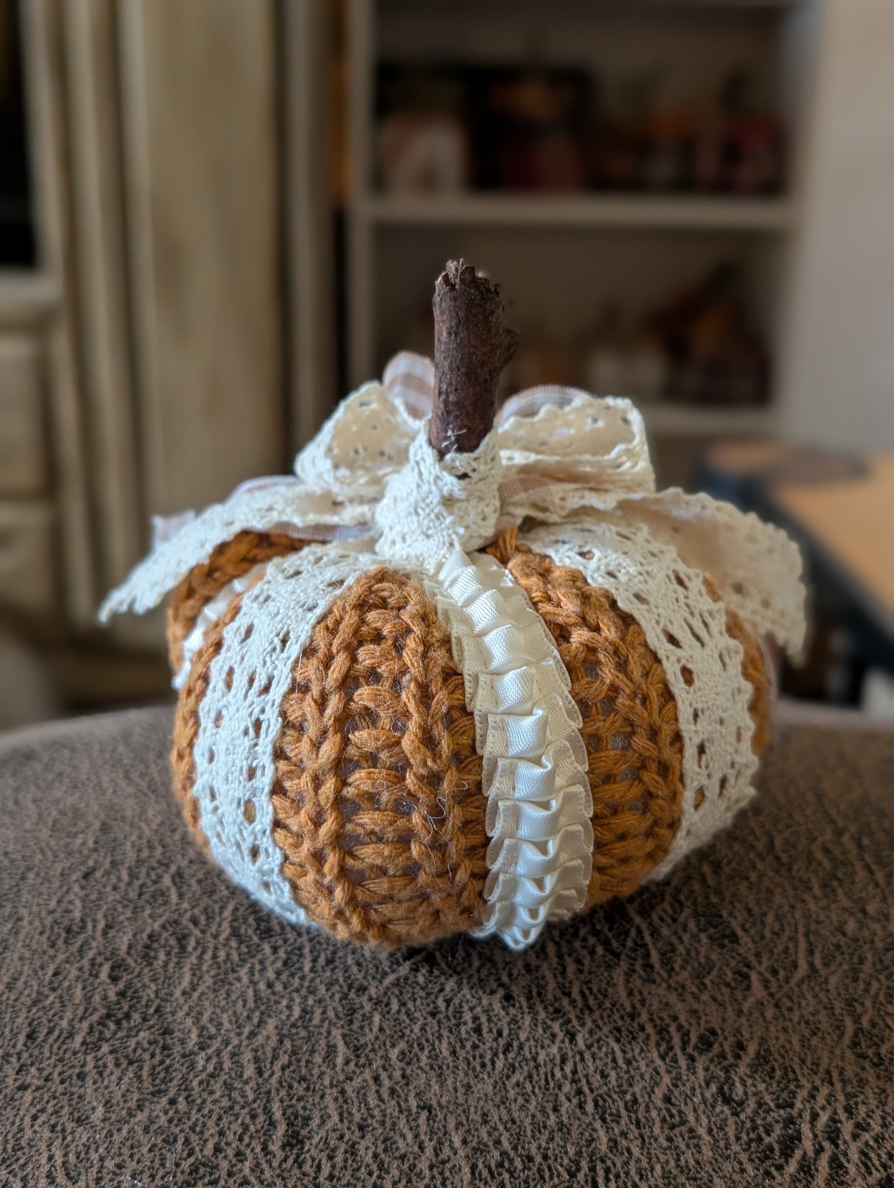 Small Upcycled Sweater Pumpkin with Bow - Handmade Fall Decor