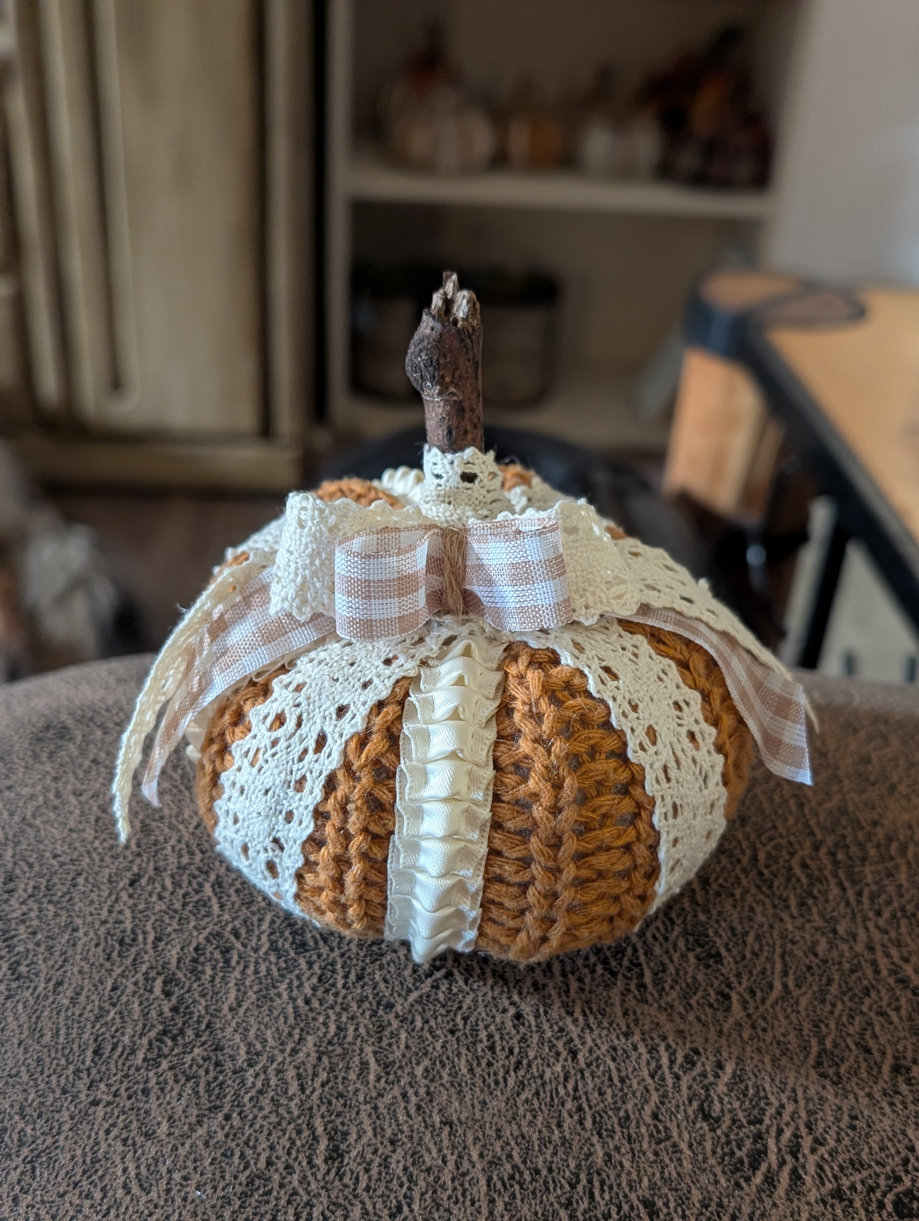 Small Upcycled Sweater Pumpkin with Bow - Handmade Fall Decor
