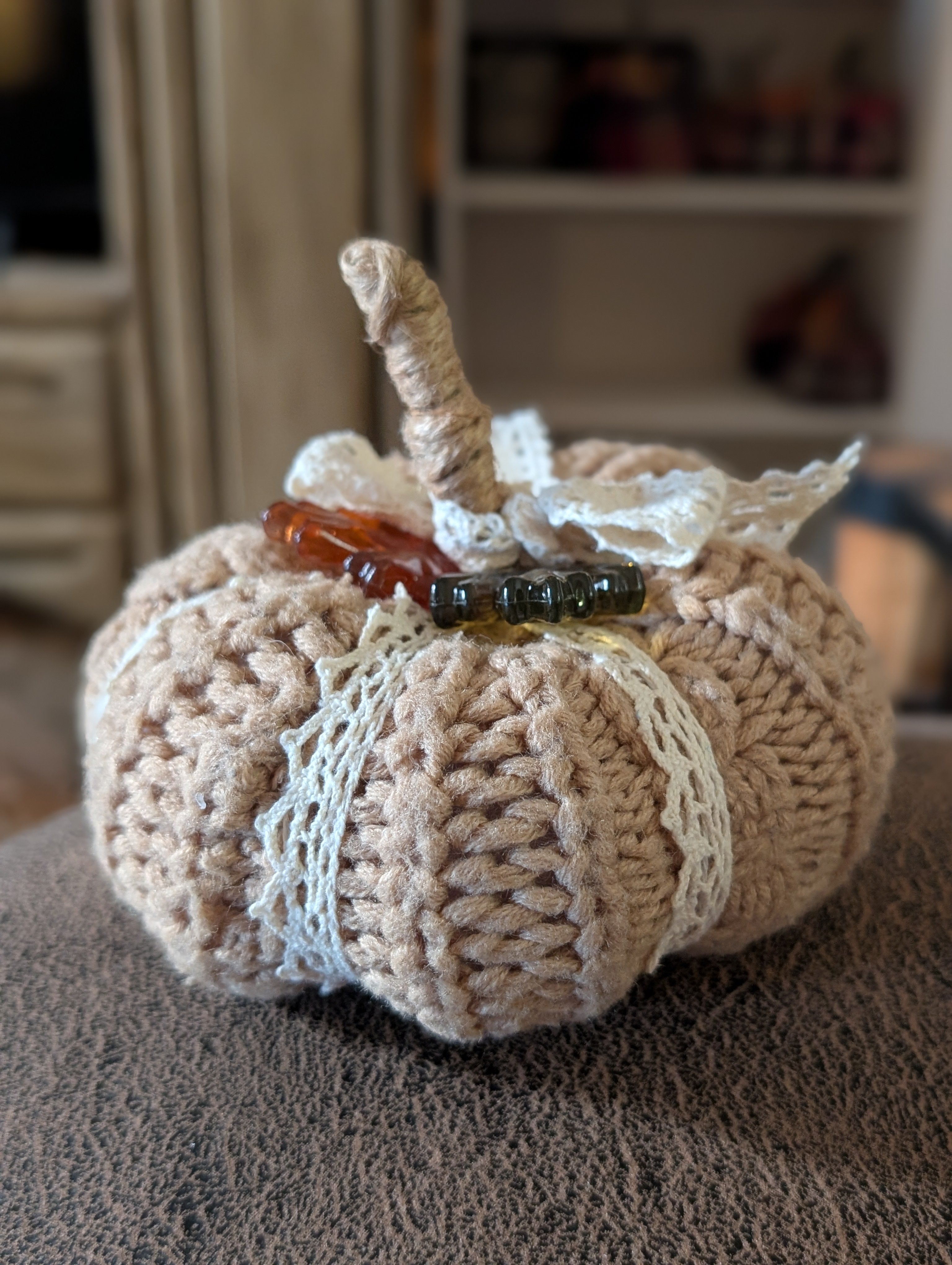 Small Upcycled Sweater Pumpkin with Twine Stem & Lace Bow | Handmade Fall Decor